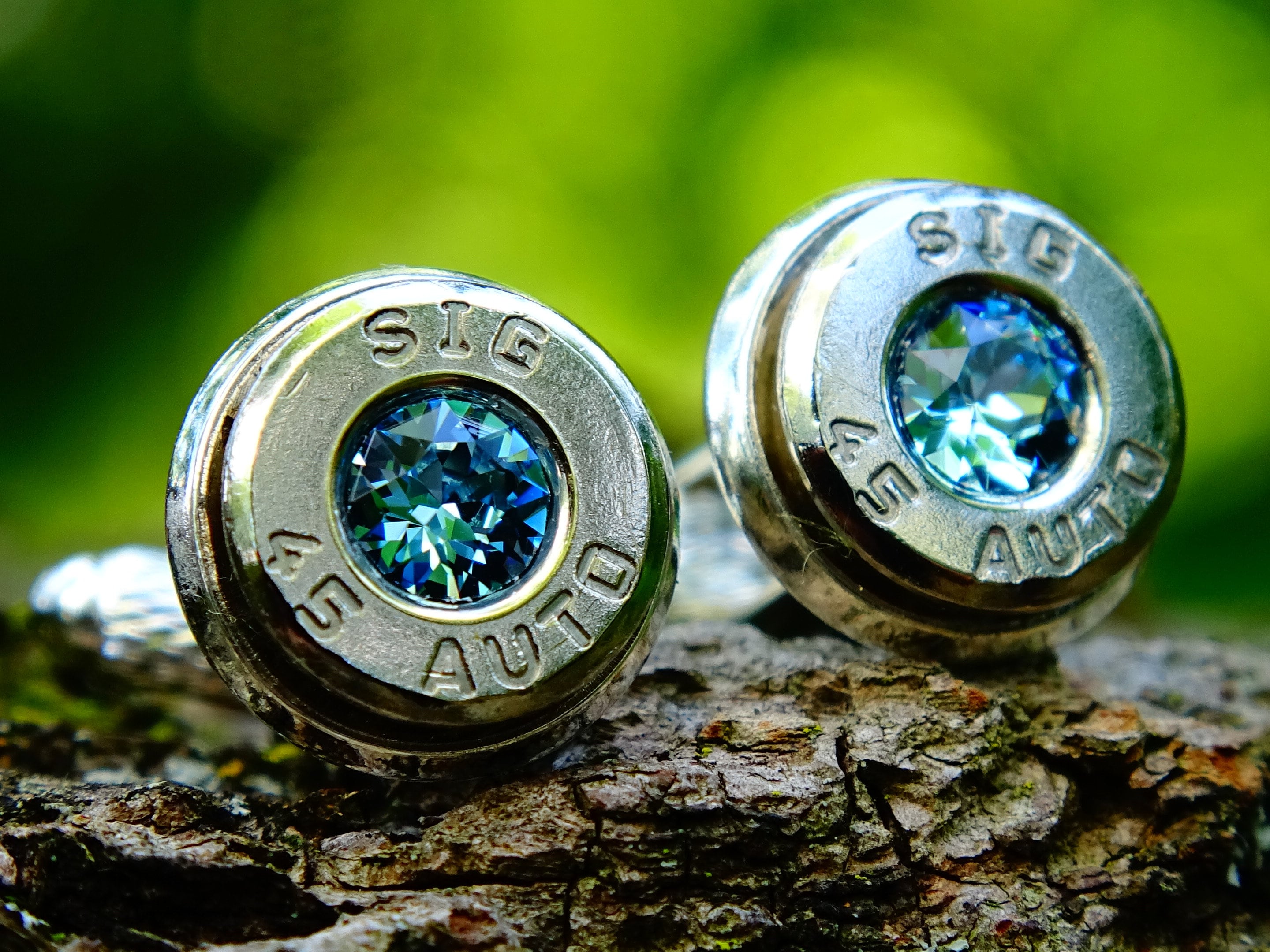 Bullet cufflinks .45 ACP aqua marine (etsy image id: 2578221324)