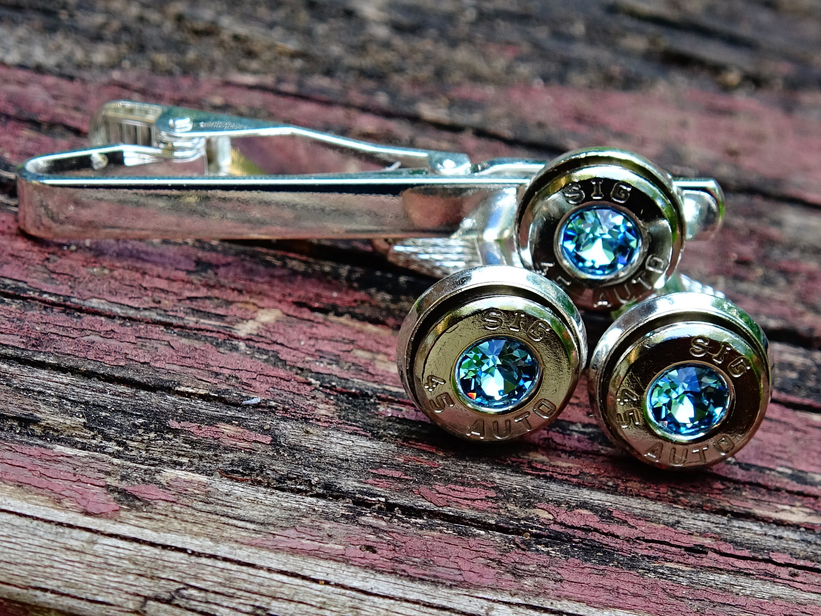 Bullet cufflinks & tie clip set aqua marine (etsy image id: 2578231584)