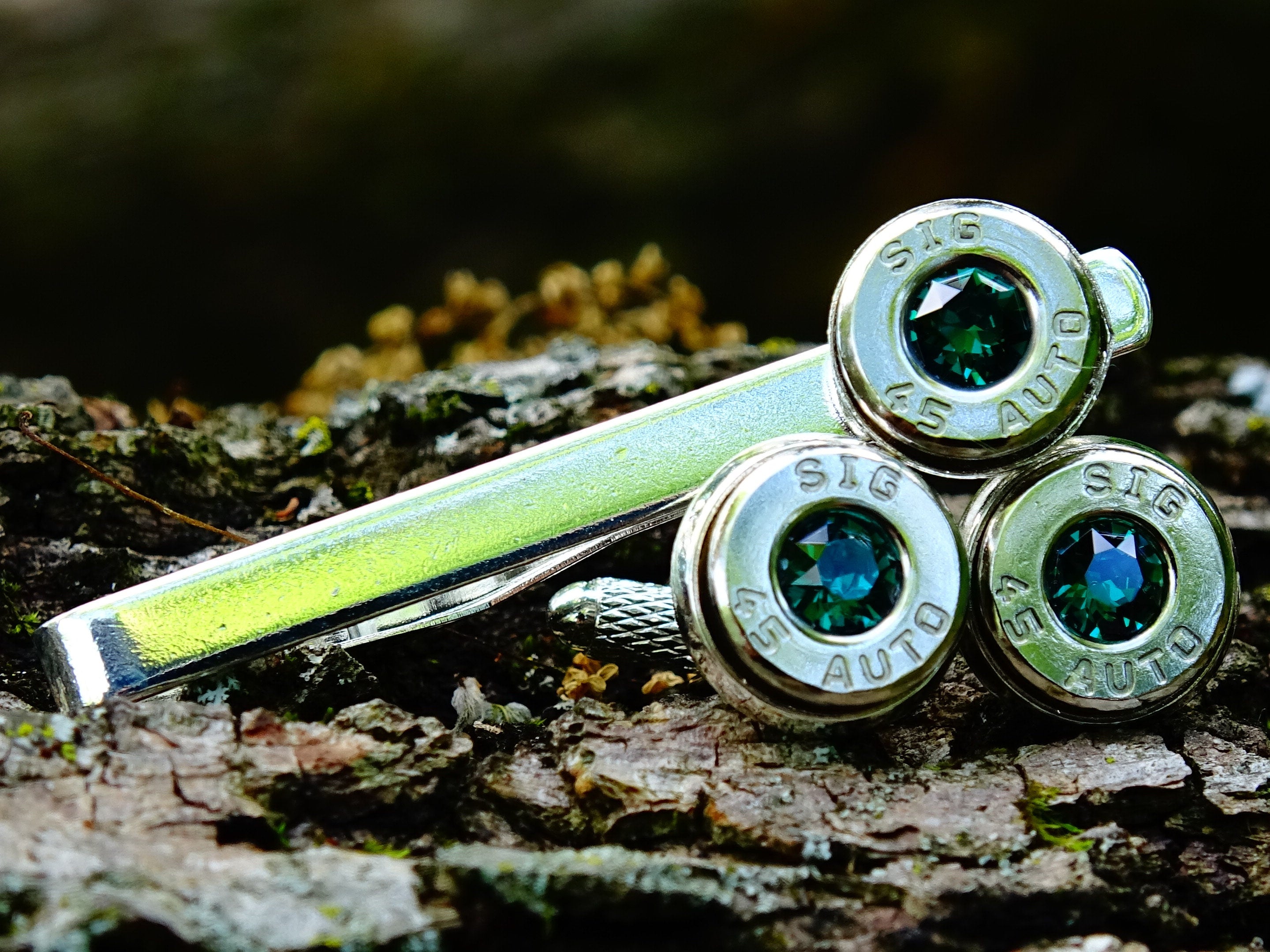 Bullet cufflinks & tie clip set emerald (etsy image id: 2625863645)
