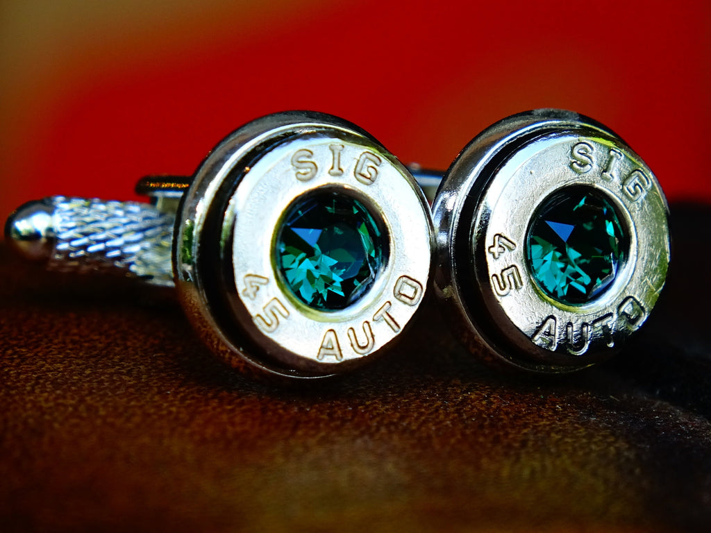 Bullet cufflinks & tie clip set emerald (etsy image id: 2625863981)