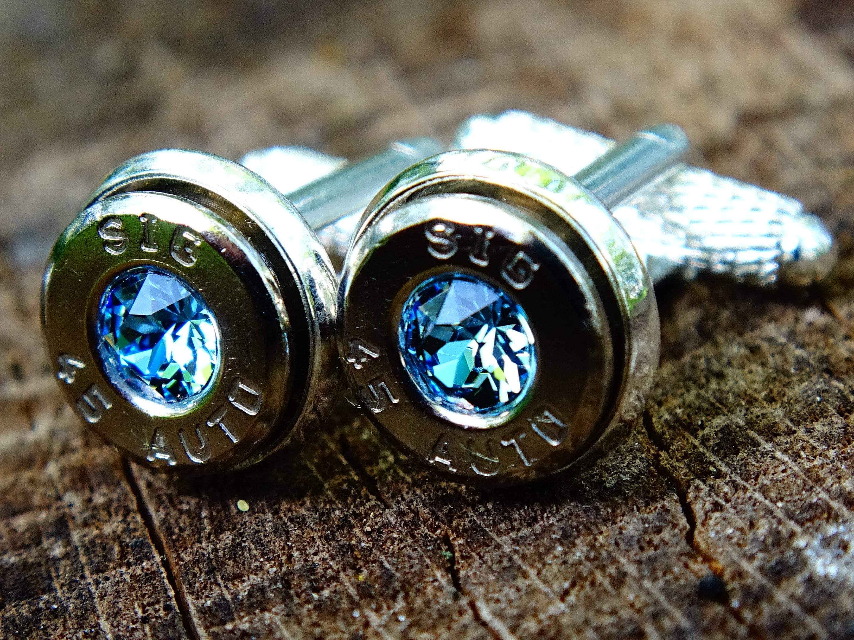 Bullet cufflinks .45 ACP aqua marine (etsy image id: 2625877481)
