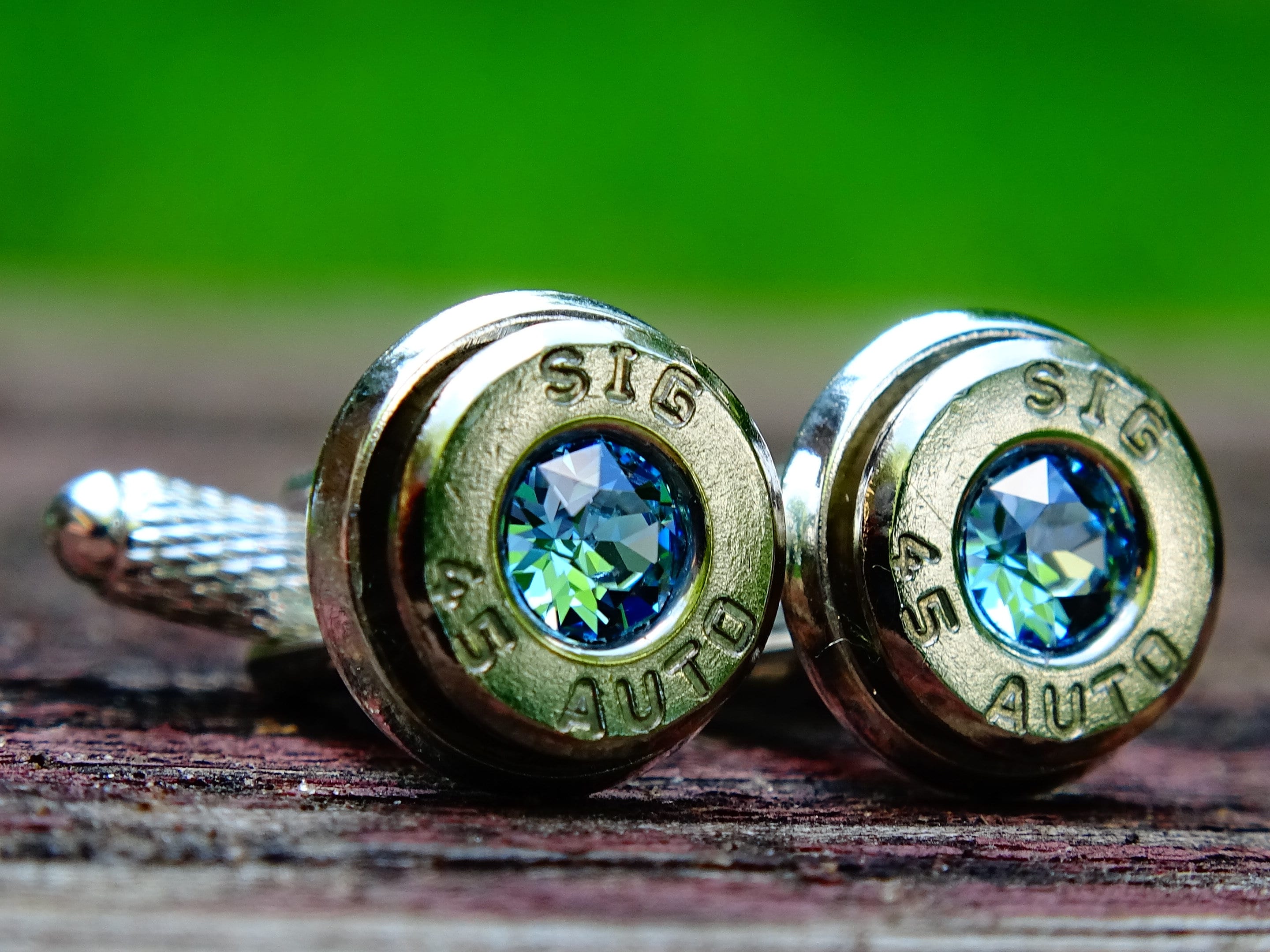 Bullet cufflinks .45 ACP aqua marine (etsy image id: 2625880275)