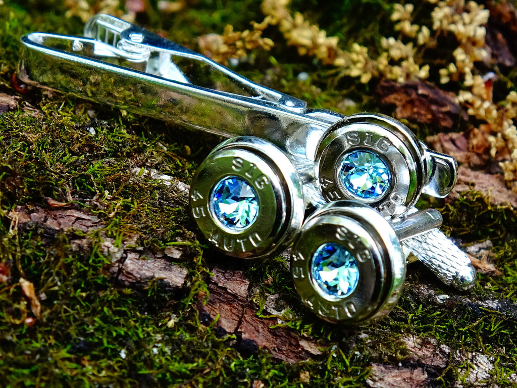 Bullet cufflinks & tie clip set aqua marine (etsy image id: 2625886535)