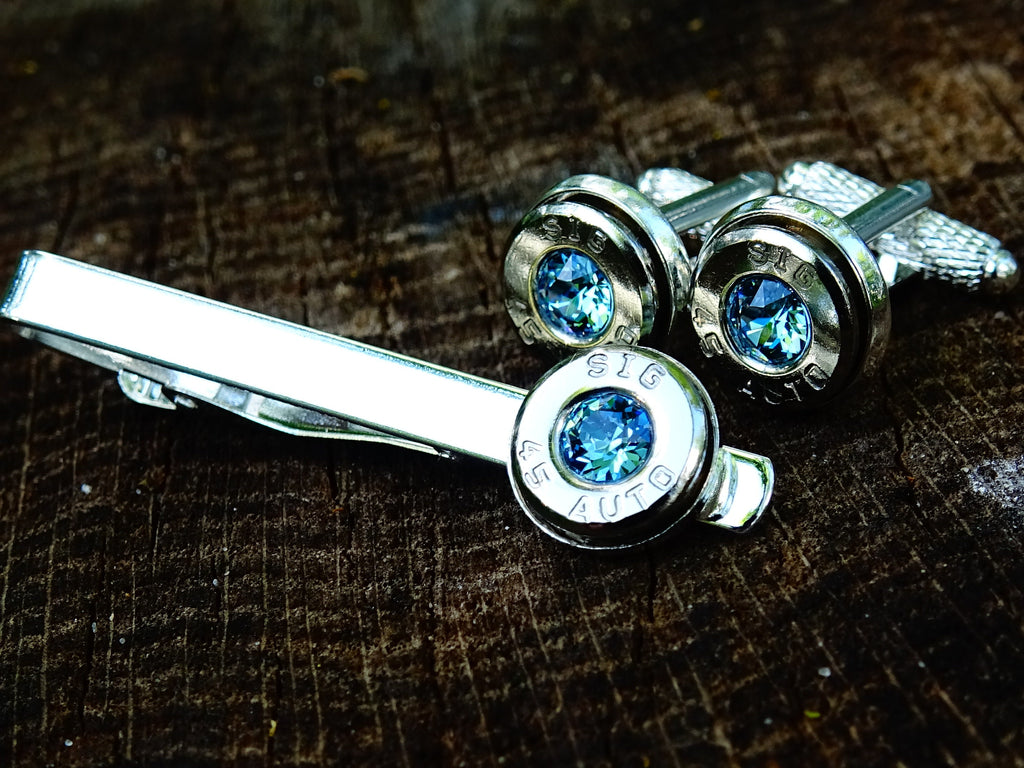 Bullet cufflinks & tie clip set aqua marine (etsy image id: 2625886857)