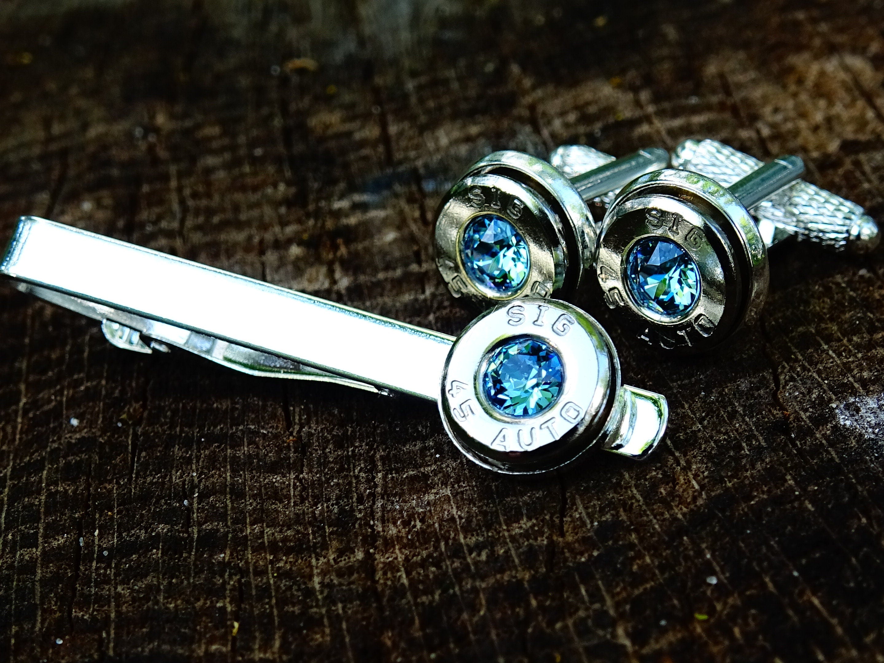 Bullet cufflinks & tie clip set aqua marine (etsy image id: 2625886857)