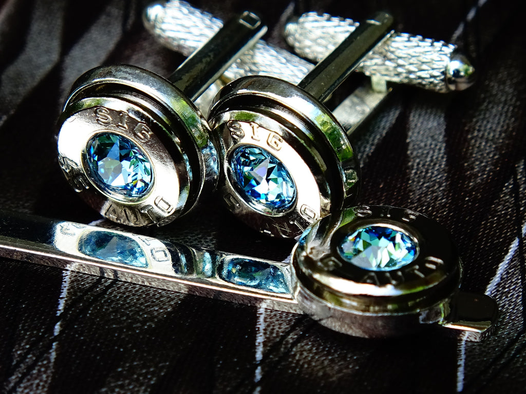 Bullet cufflinks & tie clip set aqua marine (etsy image id: 2625887443)