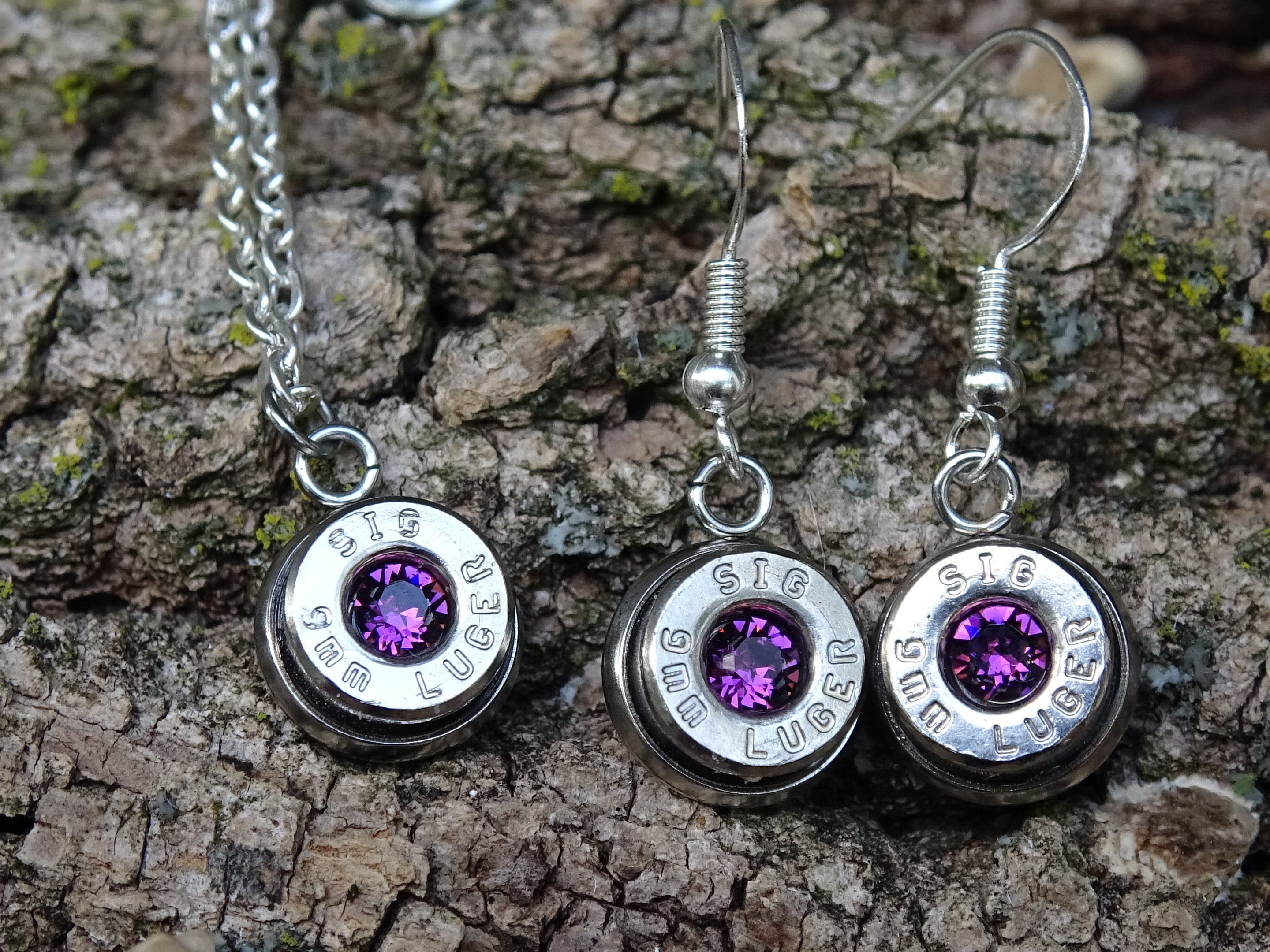 Bullet earring and necklace set shepherd hook amethyst (etsy image id: 4240301470)