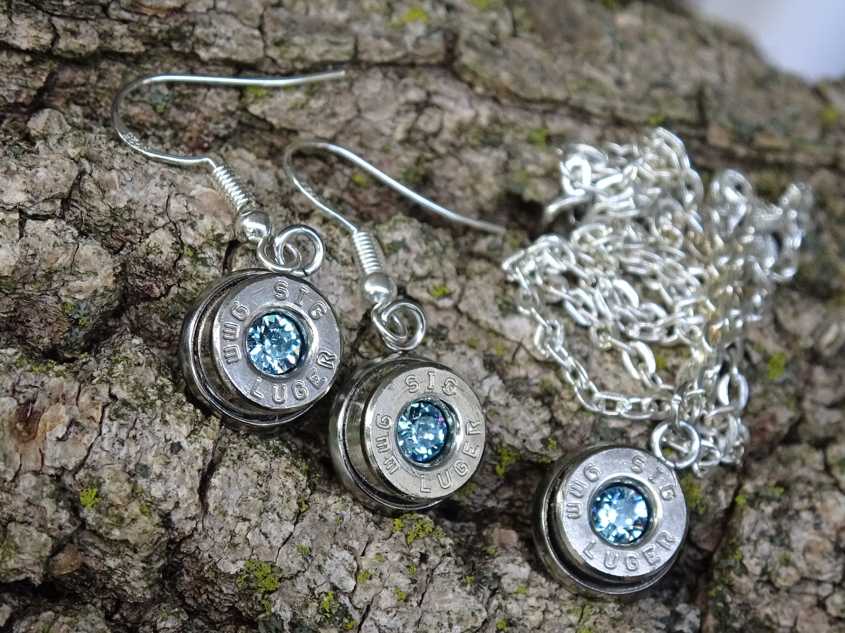 Bullet earring and necklace set shepherd hook aquamarine (etsy image id: 4287961821)