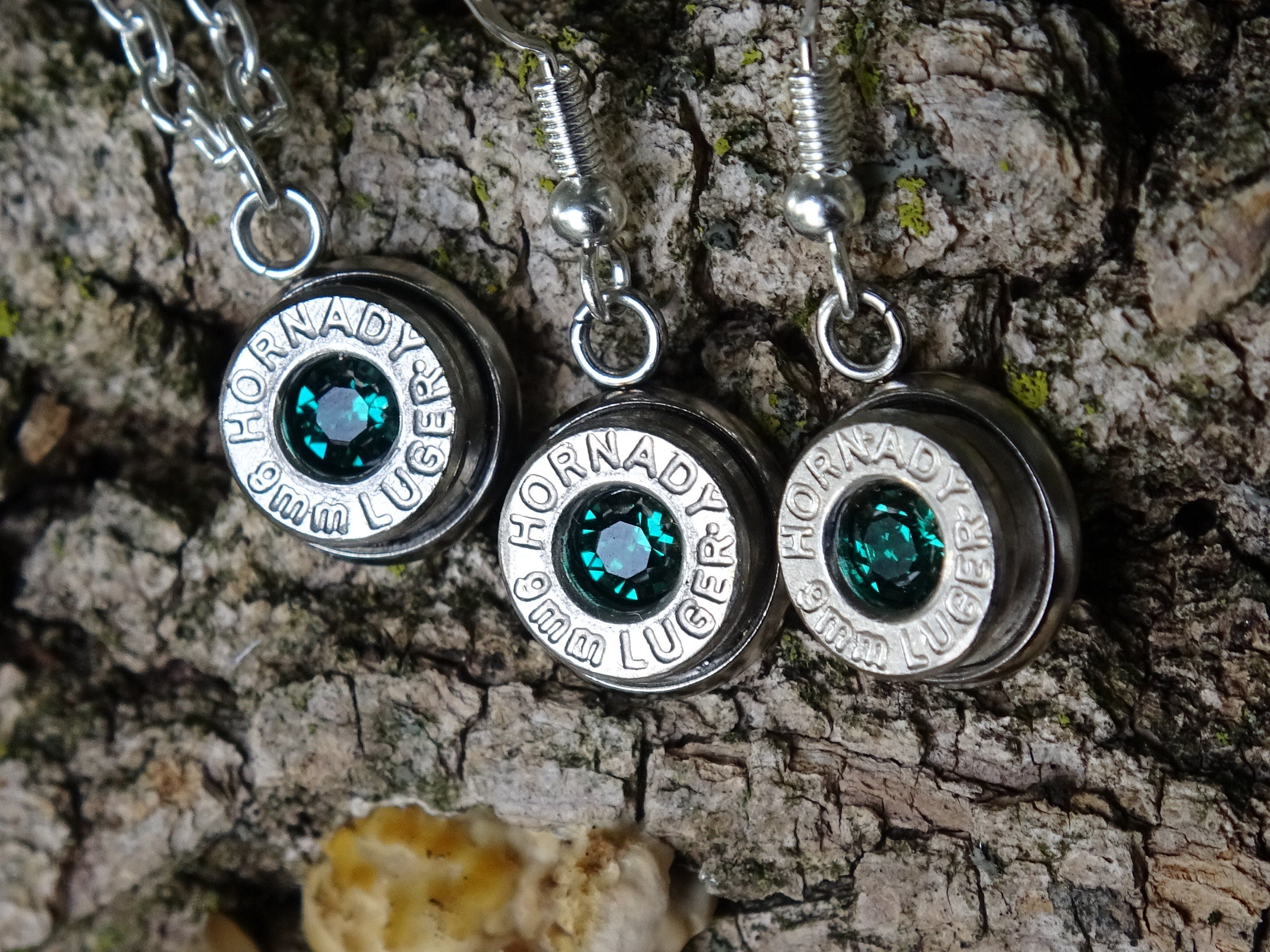 Bullet earring and necklace set shepherd hook emerald (etsy image id: 4287993853)