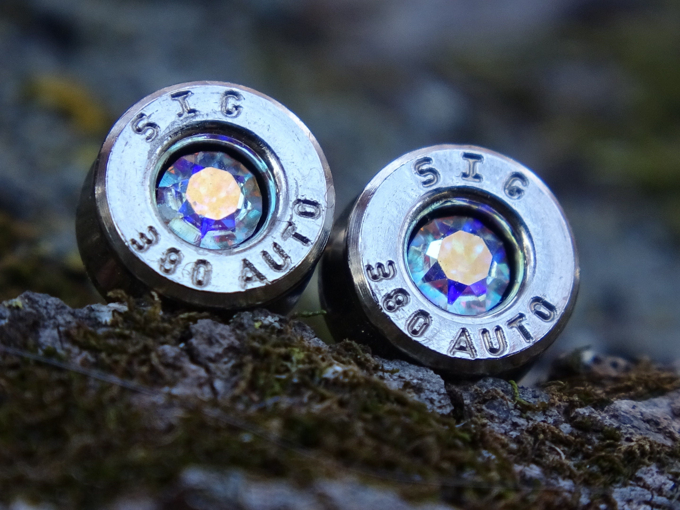 Bullet earring 380 auto Aurora Borealis AB crystal (etsy image id: 4356428725)