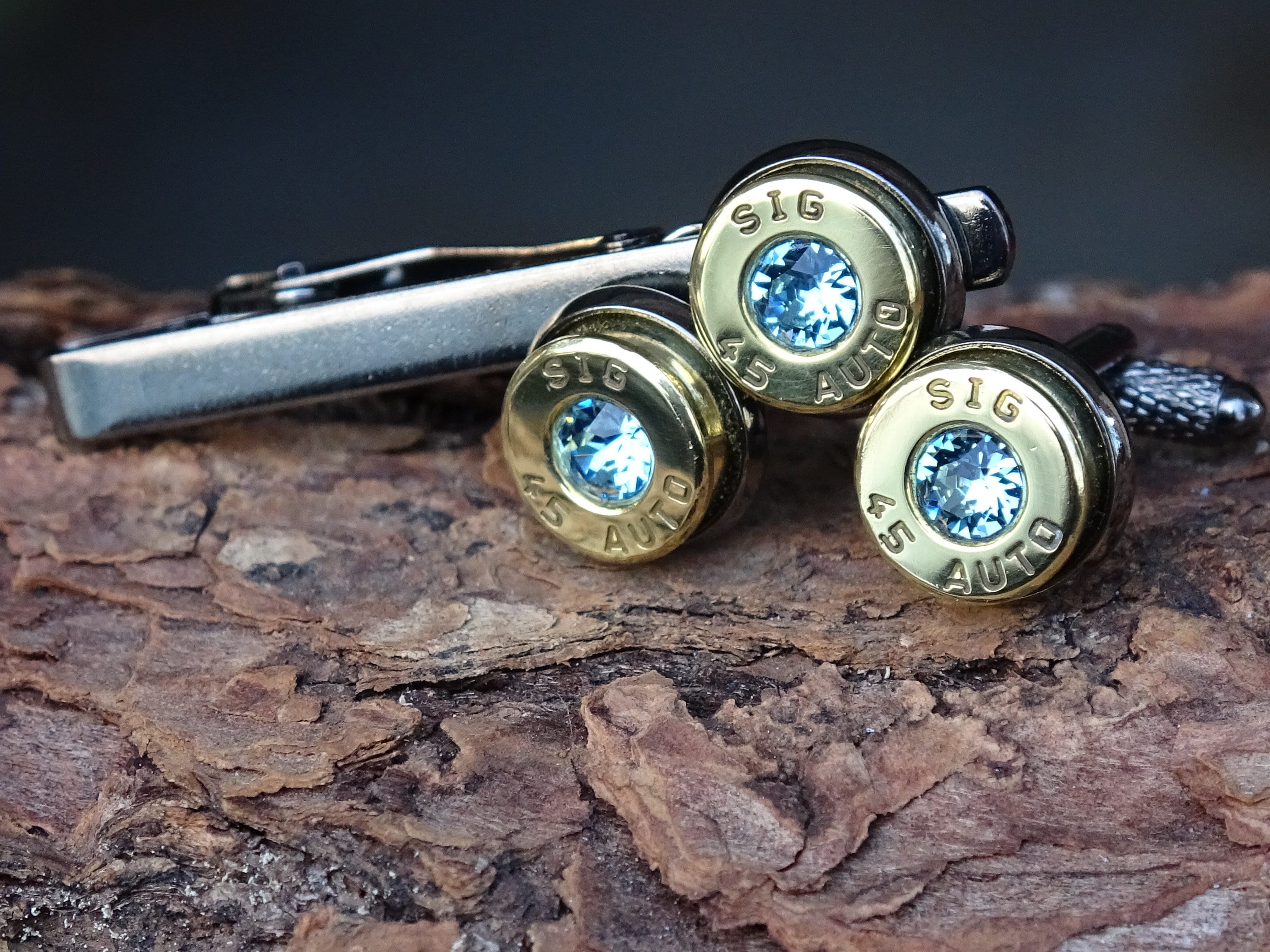 Bullet cufflinks/Tie clip two tone 45 ACP Aquamarine (etsy image id: 4510240200)