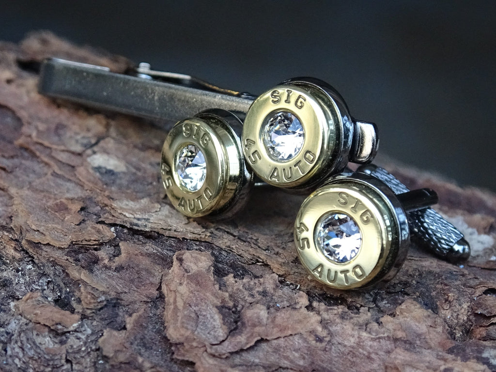 Bullet cufflinks/Tie clip two tone 45 ACP Clear CZ (etsy image id: 4510279888)