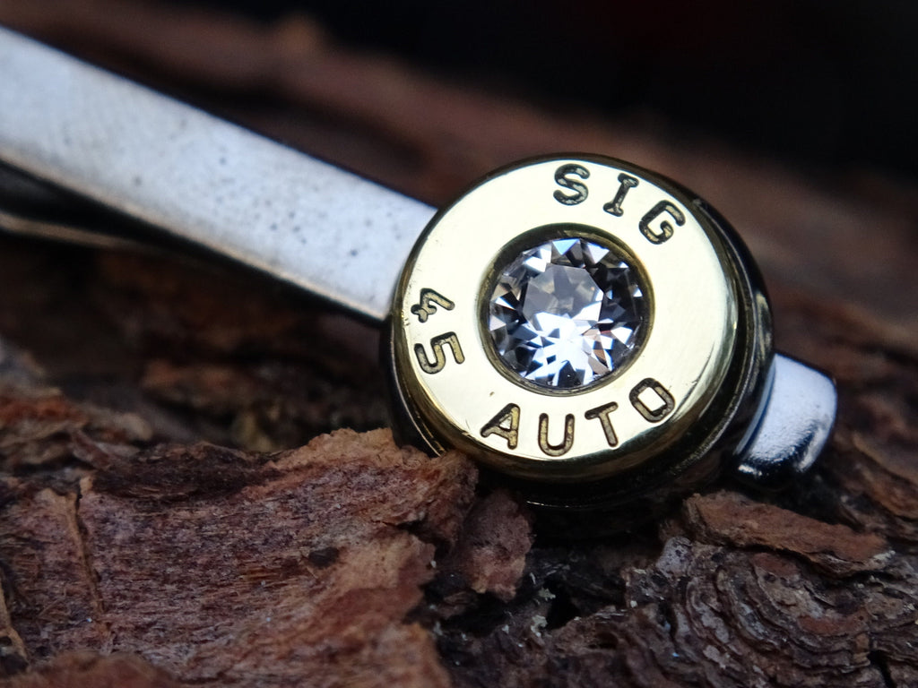 Bullet cufflinks/Tie clip two tone 45 ACP Clear CZ (etsy image id: 4510280174)