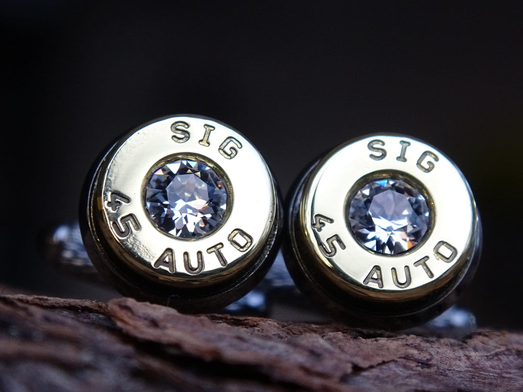 Bullet cufflinks/Tie clip two tone 45 ACP Clear CZ (etsy image id: 4510280784)