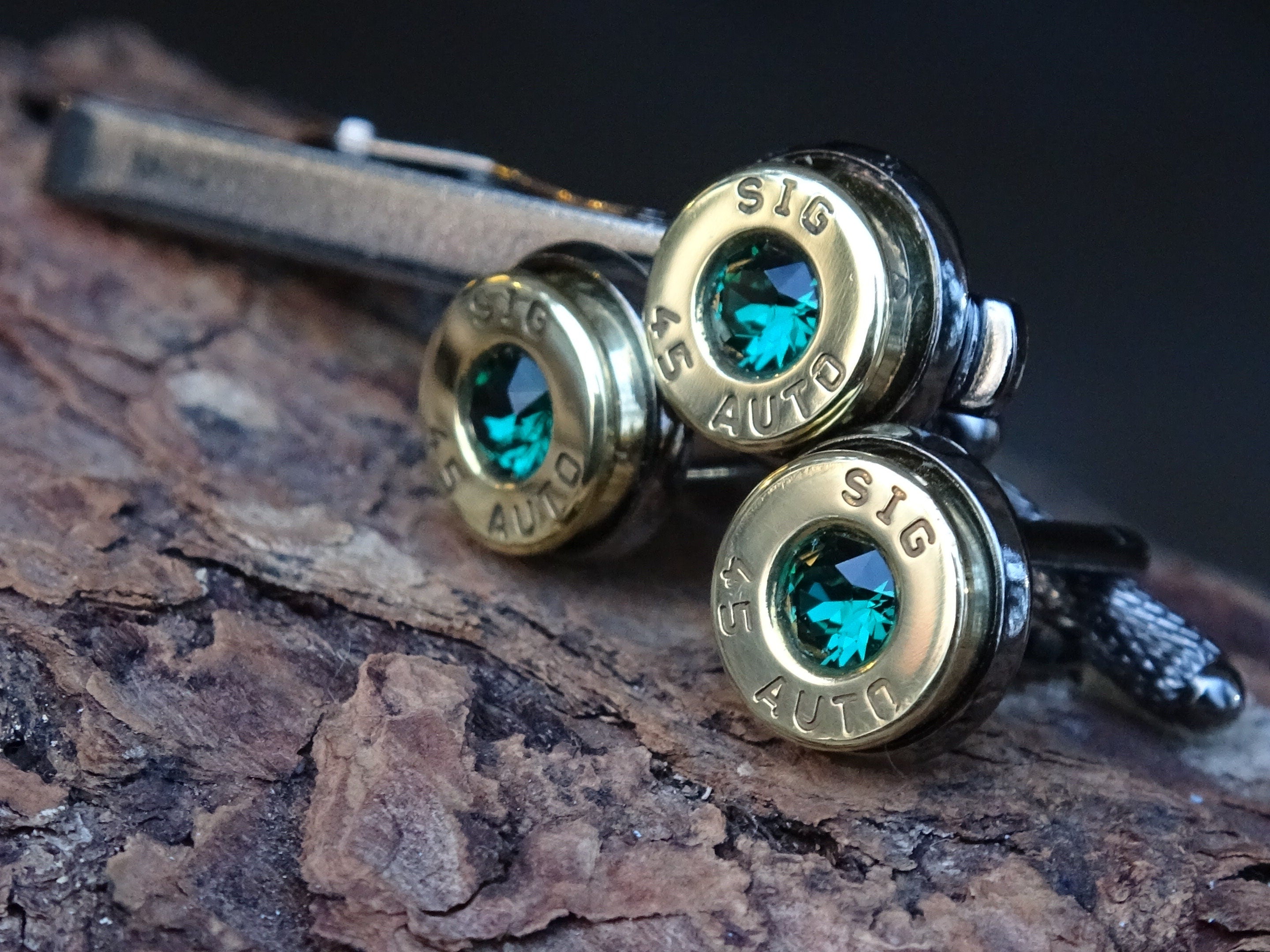 Bullet cufflinks/Tie clip two tone 45 ACP Emerald (etsy image id: 4510311904)