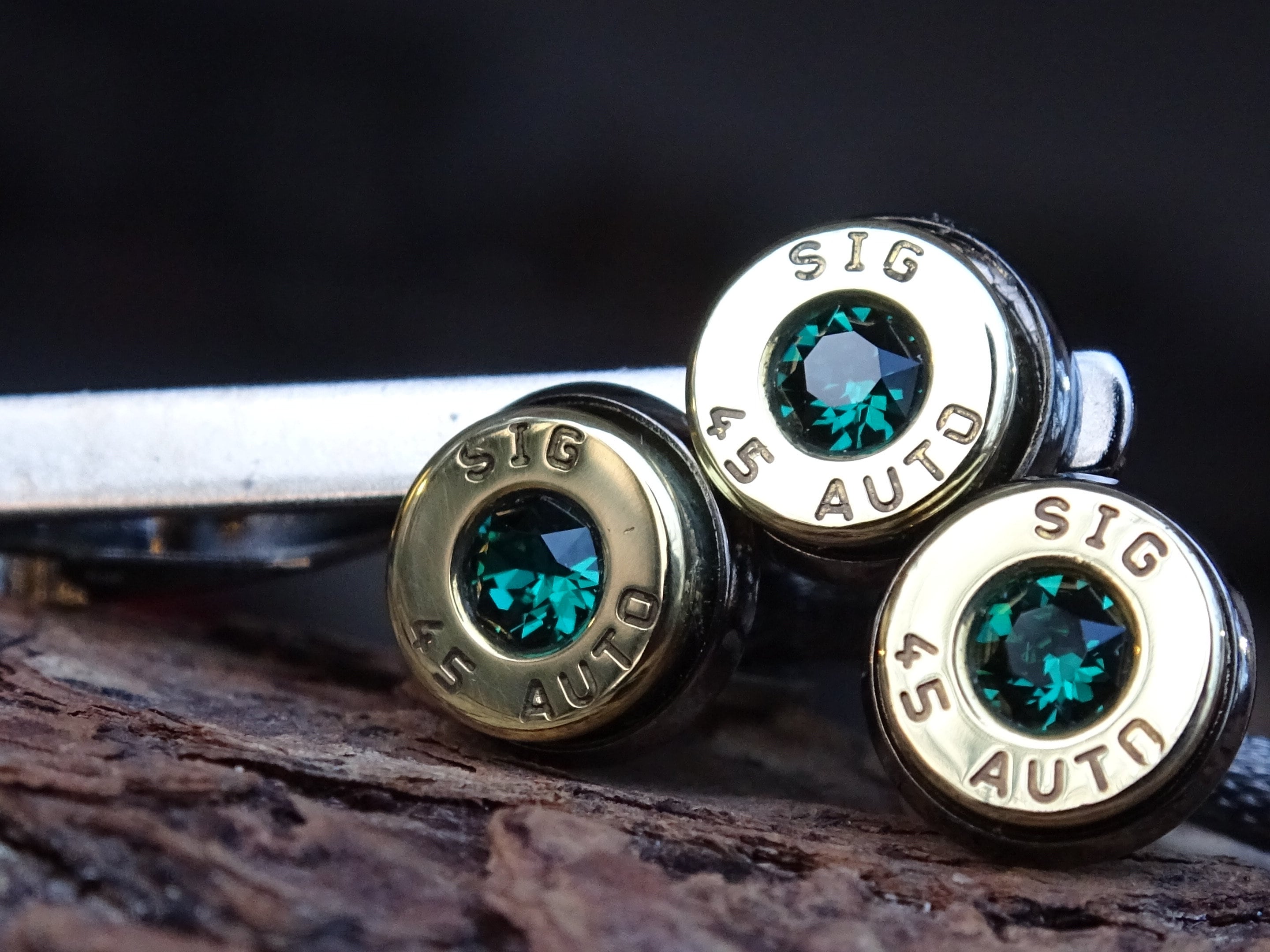 Bullet cufflinks/Tie clip two tone 45 ACP Emerald (etsy image id: 4510312084)
