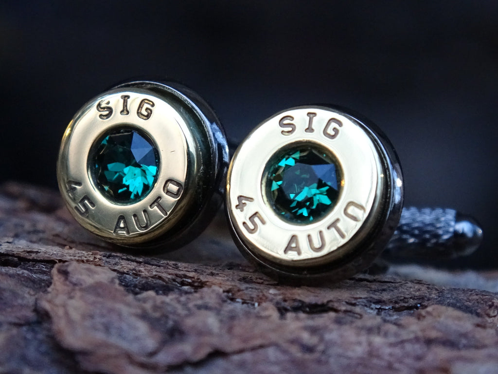 Bullet cufflinks/Tie clip two tone 45 ACP Emerald (etsy image id: 4510313280)