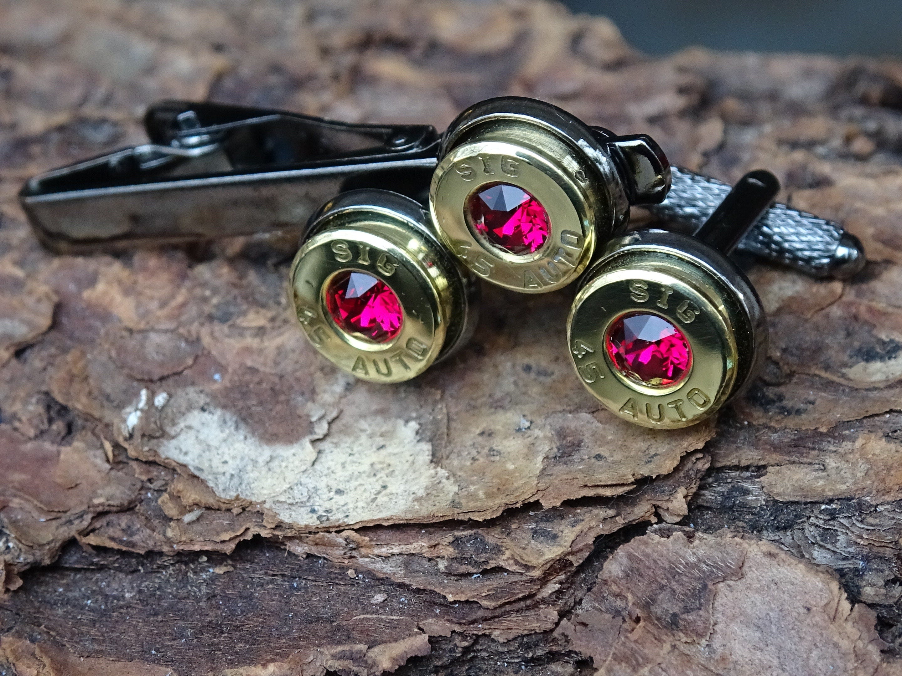 Bullet cufflinks/Tie clip two tone 45 ACP Ruby (etsy image id: 4513706802)