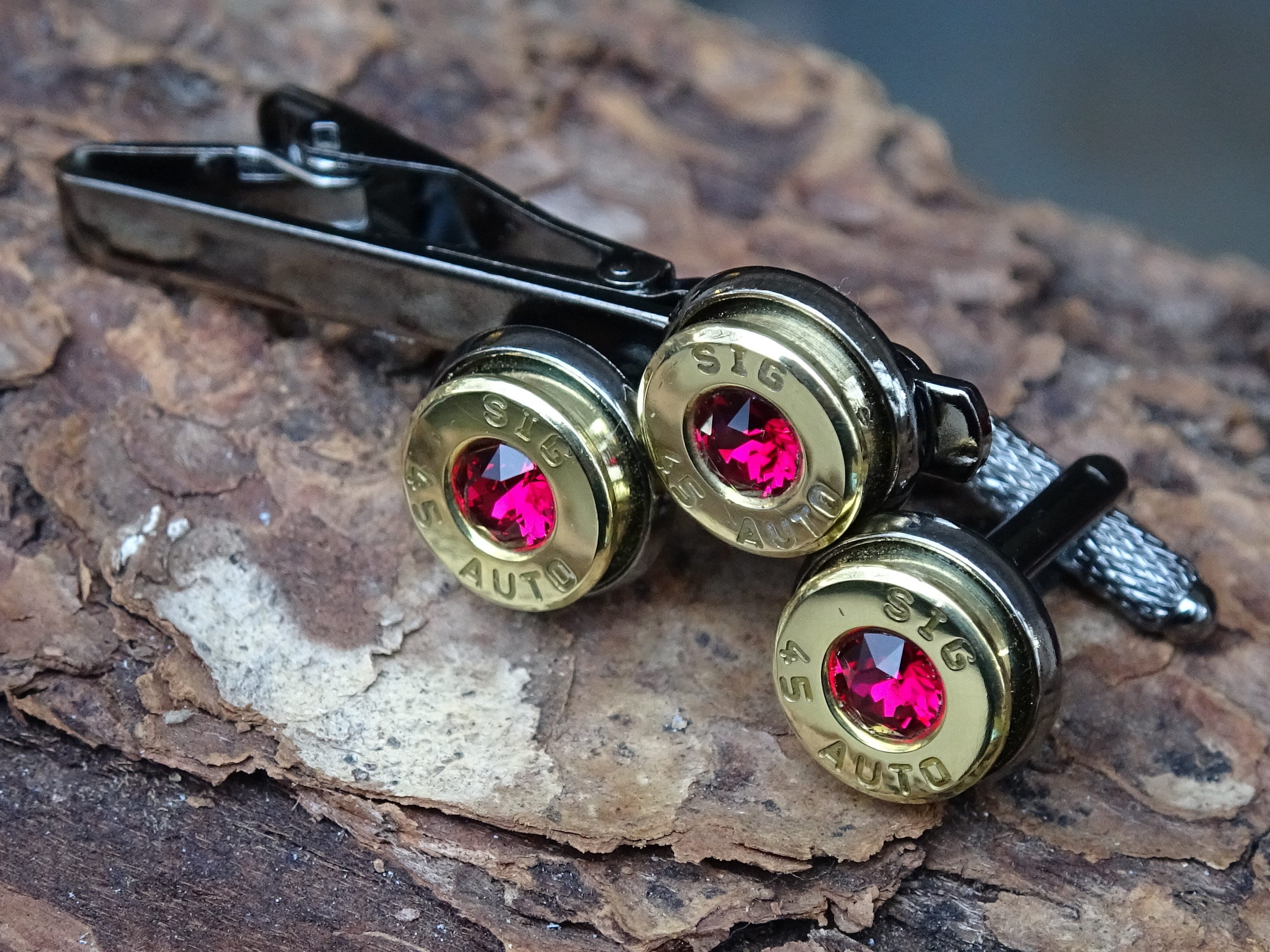 Bullet cufflinks/Tie clip two tone 45 ACP Ruby (etsy image id: 4513706982)