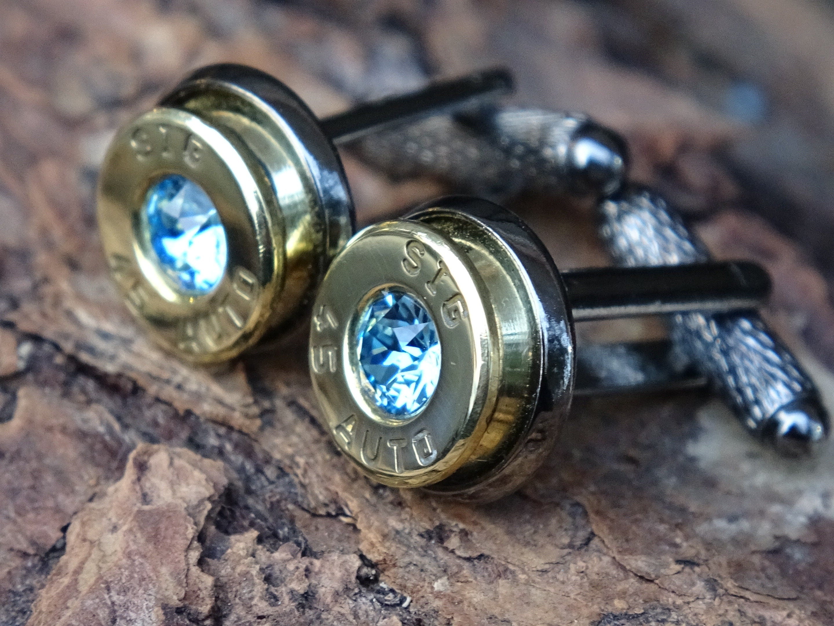 Bullet cufflinks/Tie clip two tone 45 ACP Aquamarine (etsy image id: 4557611843)