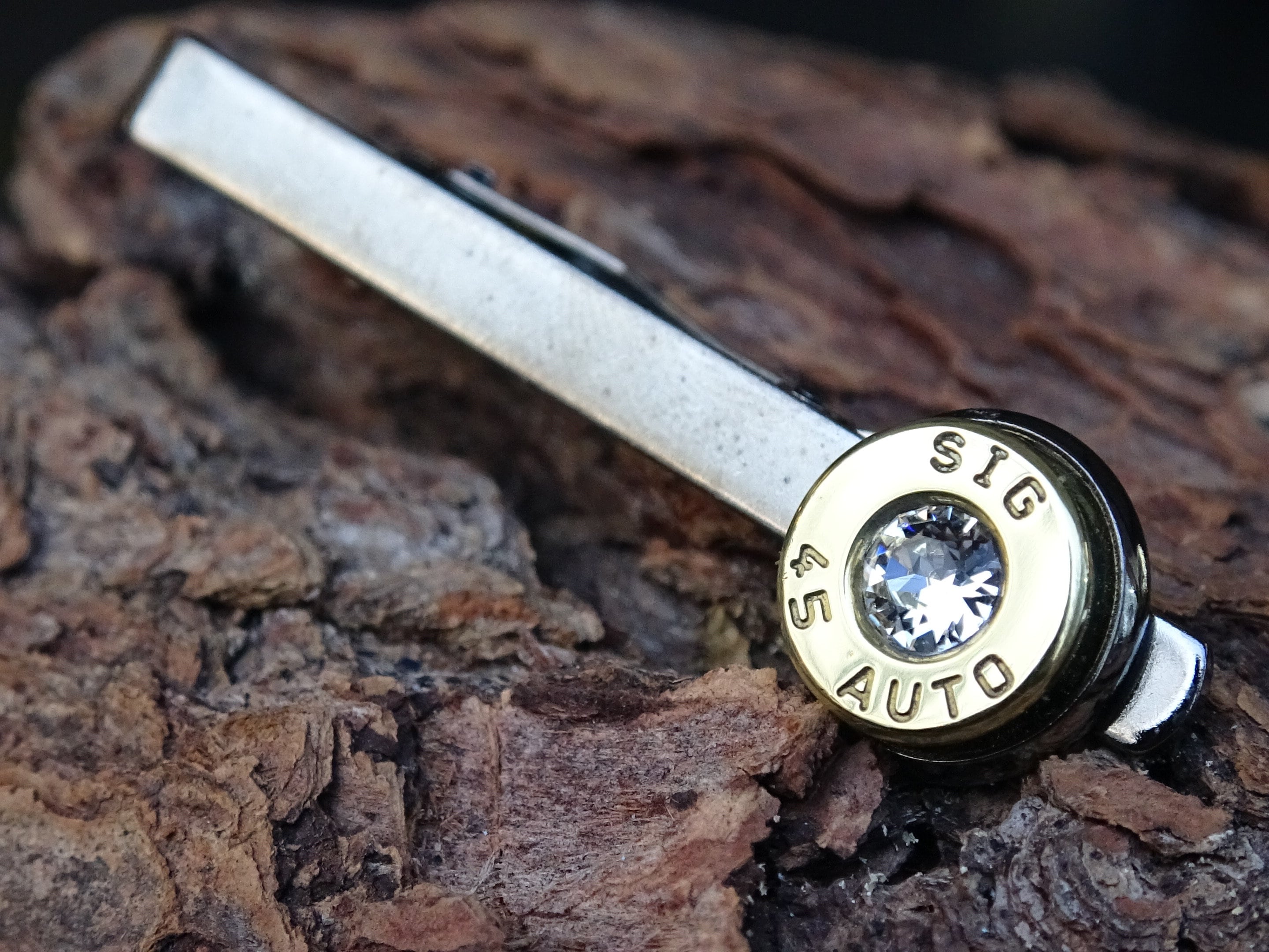 Bullet cufflinks/Tie clip two tone 45 ACP Clear CZ (etsy image id: 4557650841)