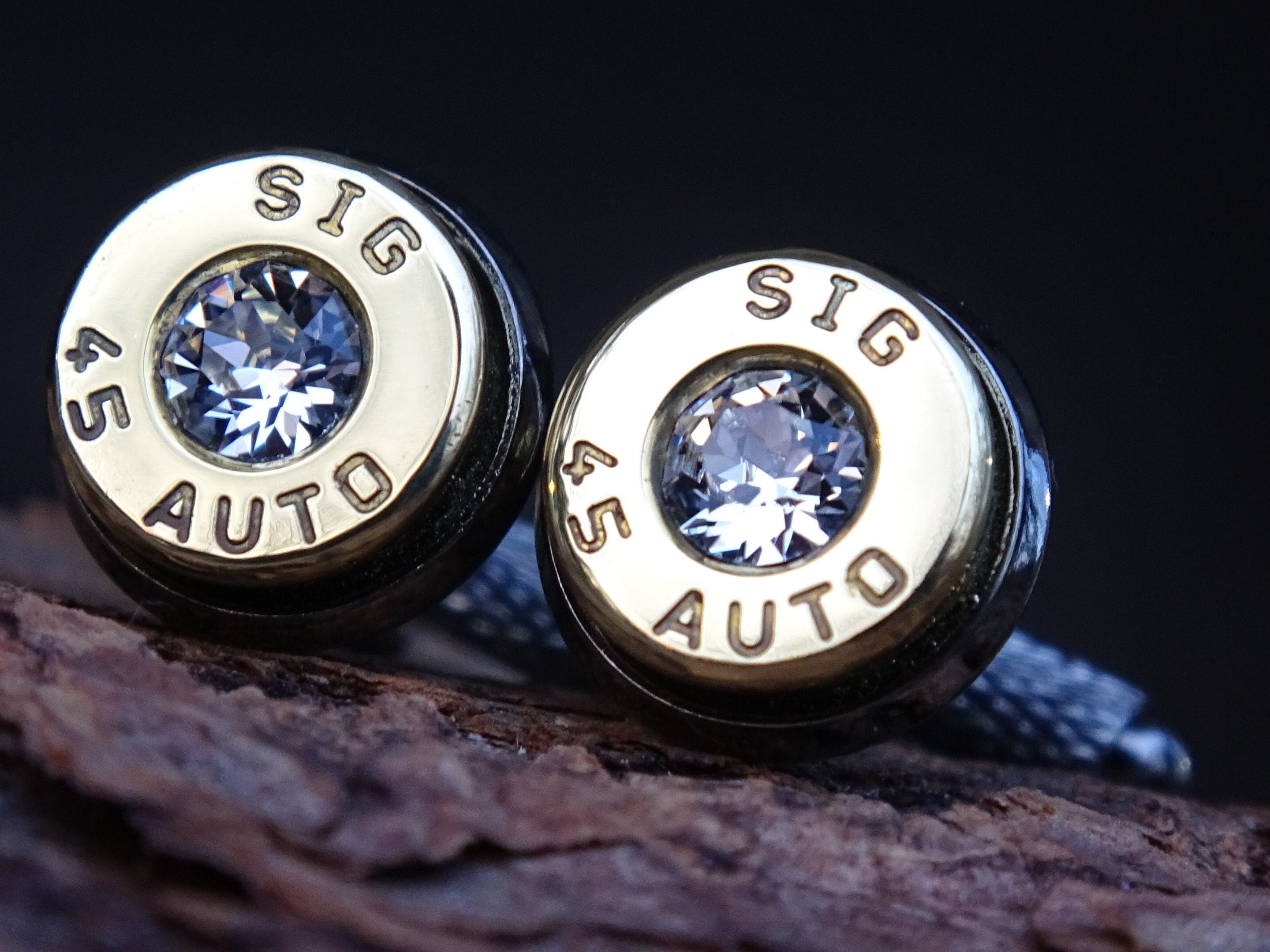 Bullet cufflinks/Tie clip two tone 45 ACP Clear CZ (etsy image id: 4557651205)