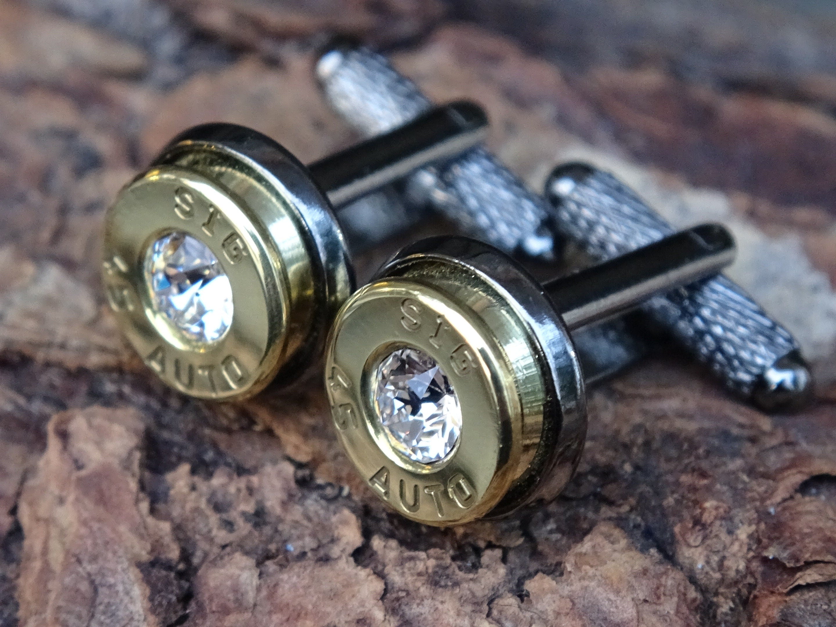 Bullet cufflinks two tone 45 ACP CZ Clear (etsy image id: 4557664529)