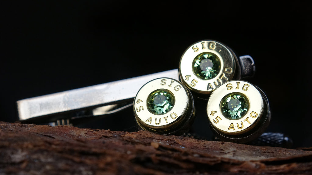 Bullet cufflinks/Tie clip two tone 45 ACP Peridot (etsy image id: 4561105901)