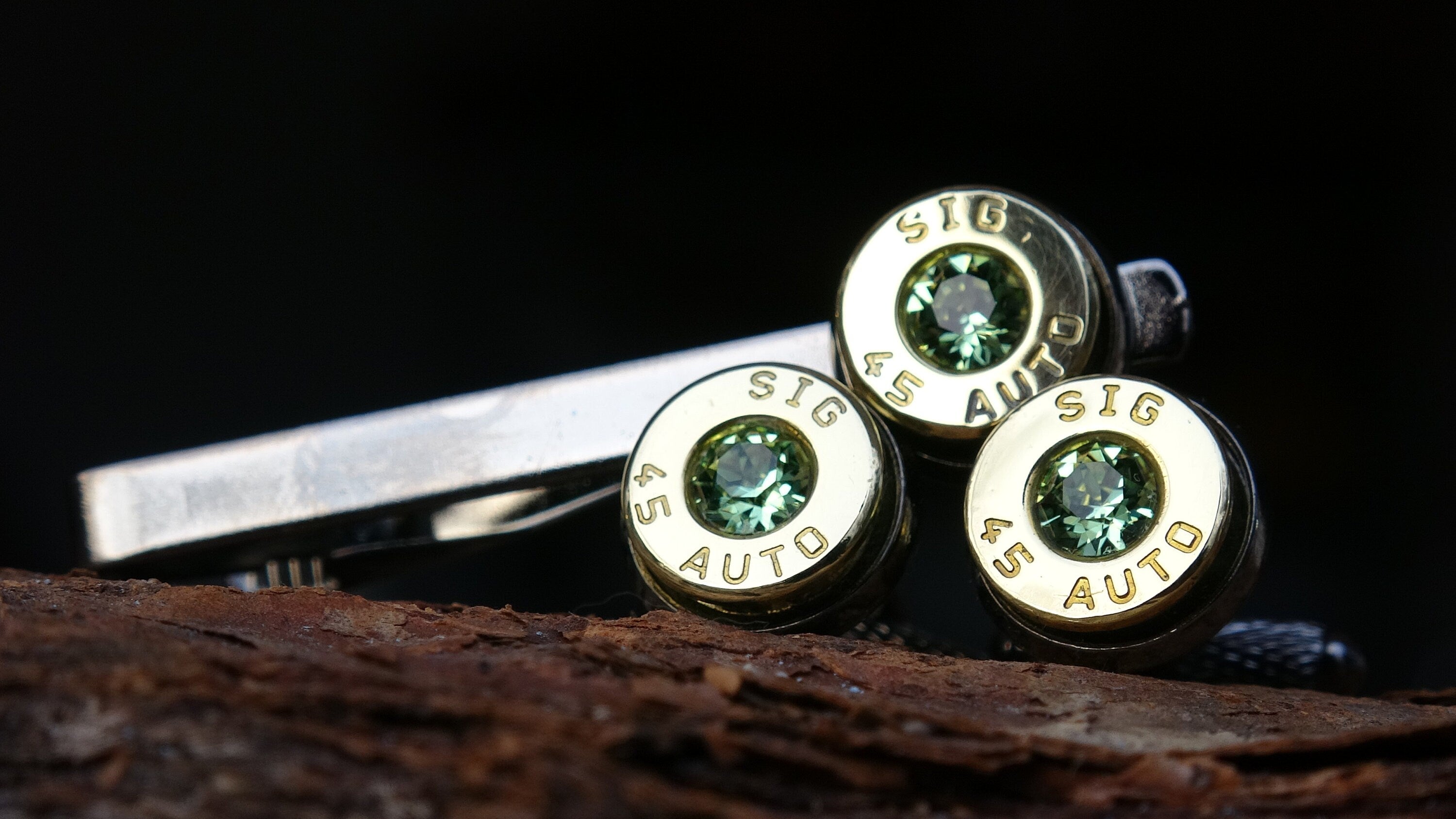 Bullet cufflinks/Tie clip two tone 45 ACP Peridot (etsy image id: 4561105901)