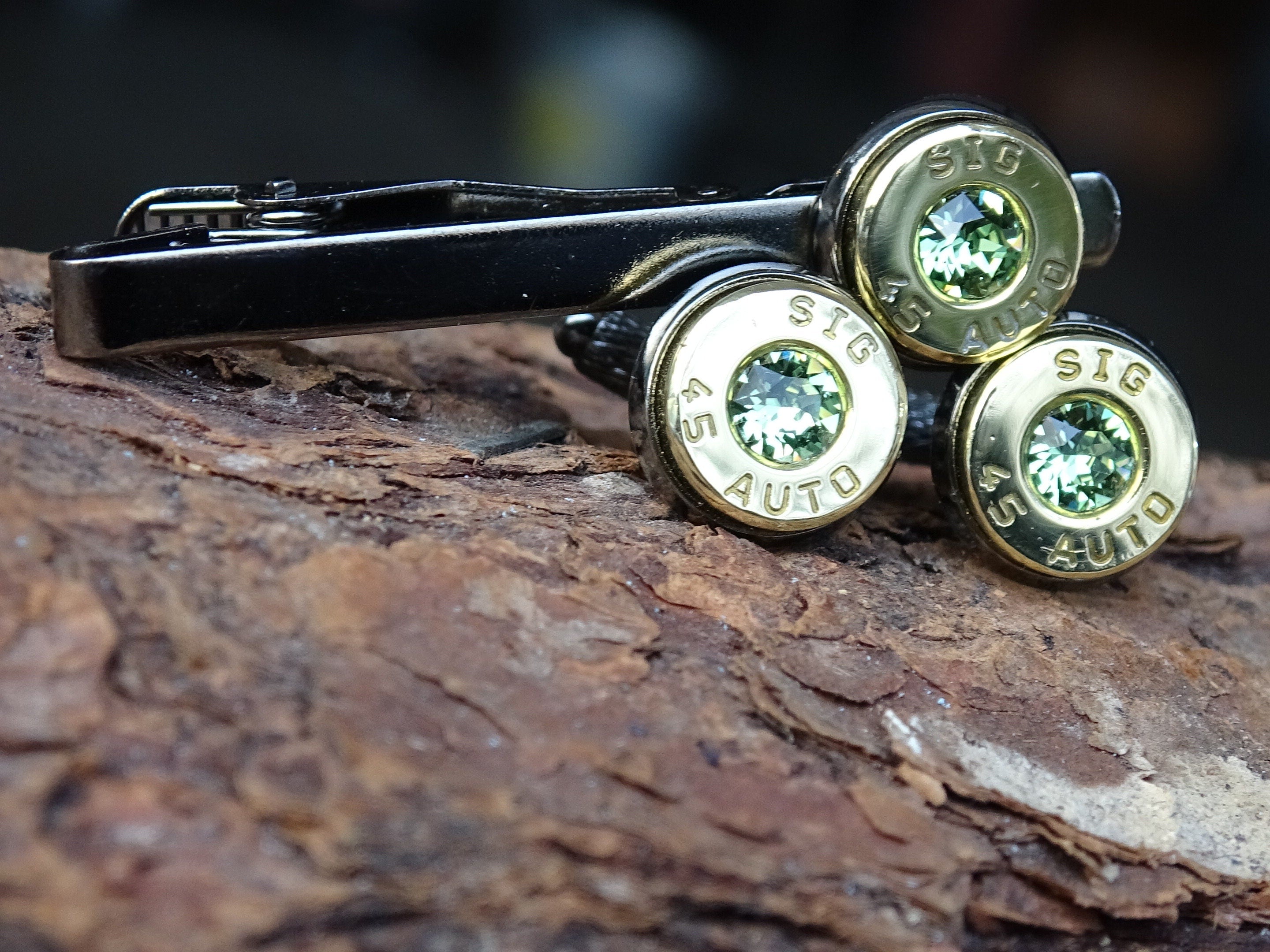 Bullet cufflinks/Tie clip two tone 45 ACP Peridot (etsy image id: 4561106031)