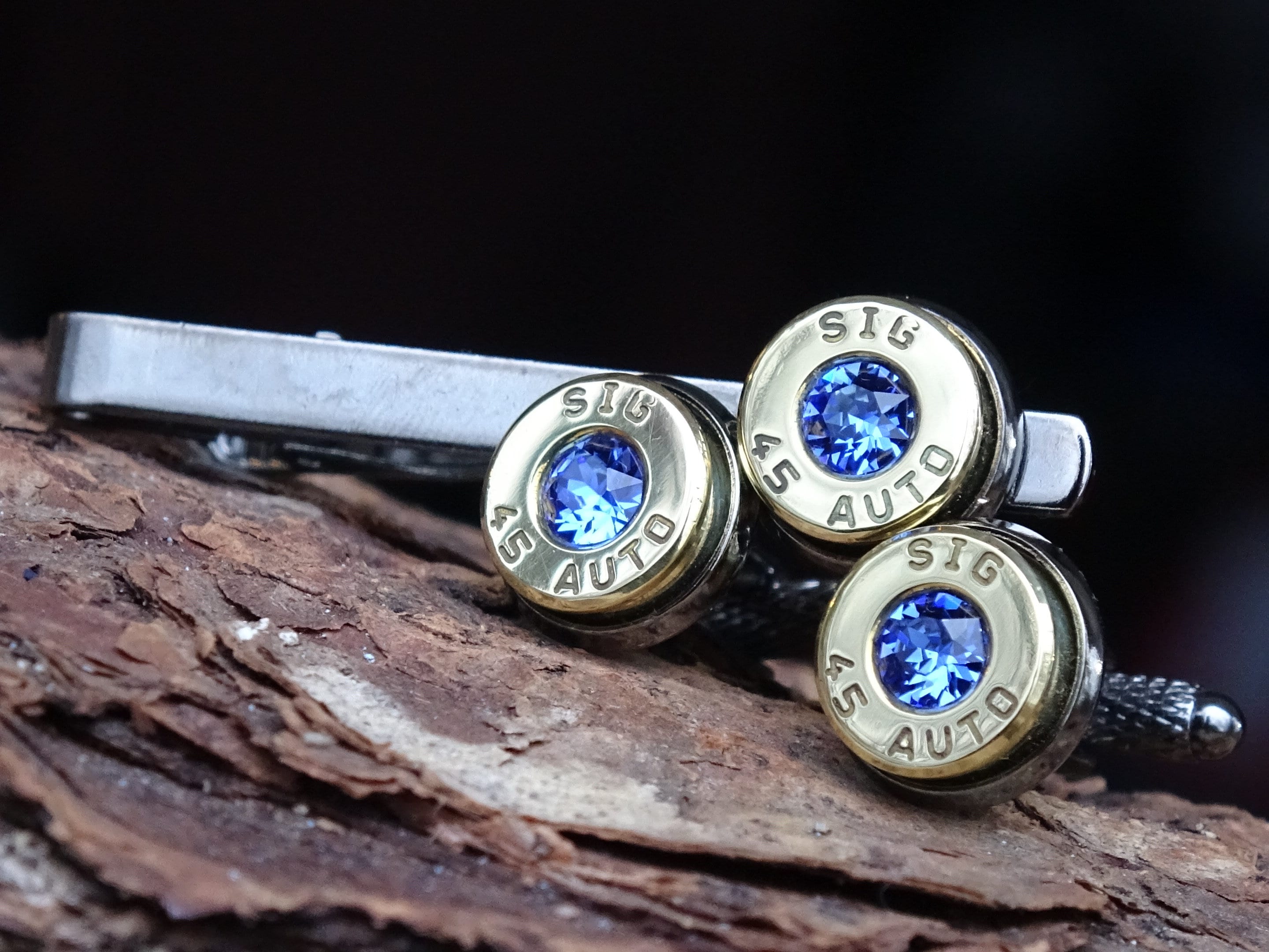 Bullet cufflinks/Tie clip two tone 45 ACP Sapphire (etsy image id: 4561143181)