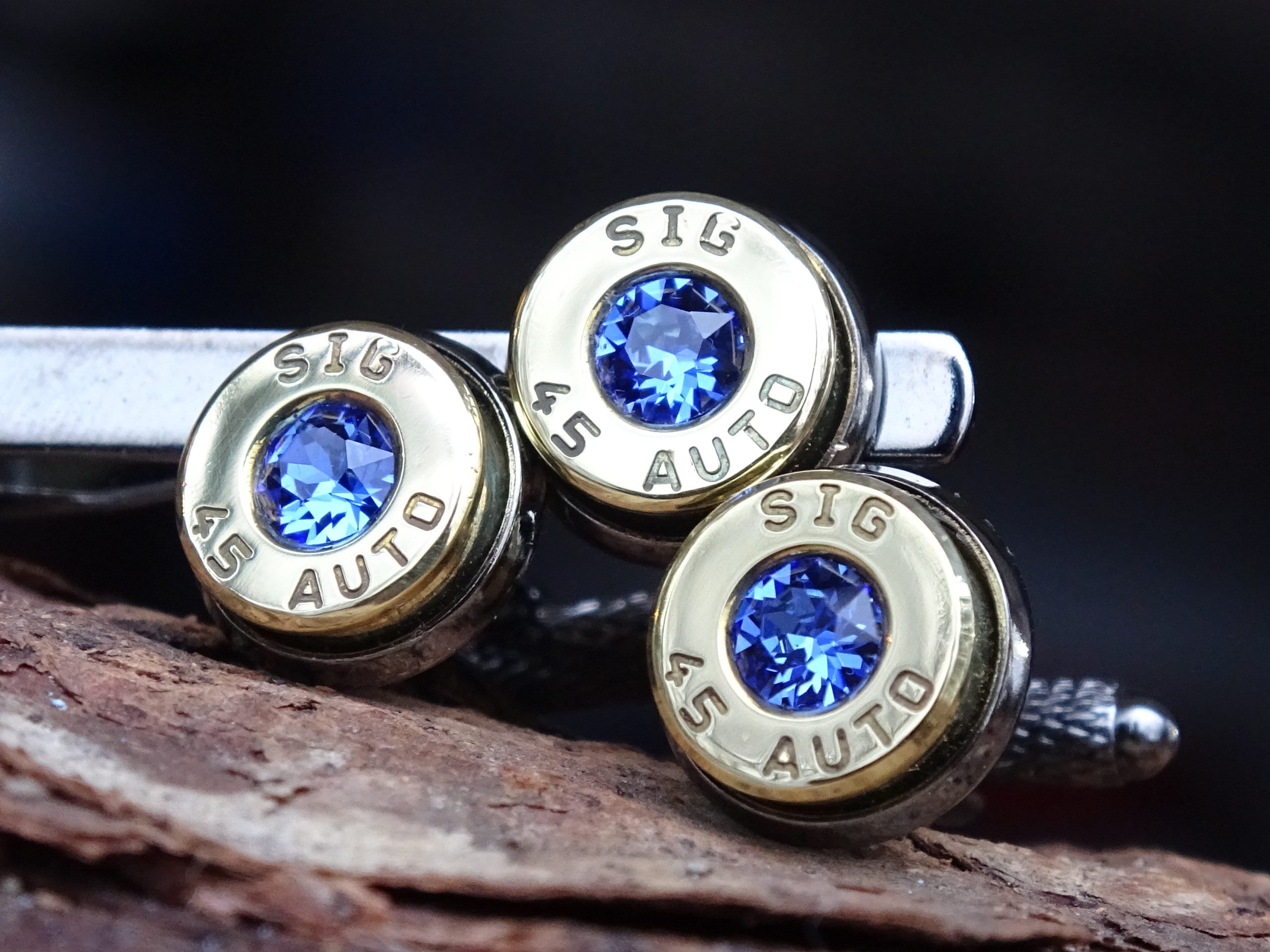 Bullet cufflinks/Tie clip two tone 45 ACP Sapphire (etsy image id: 4561143707)