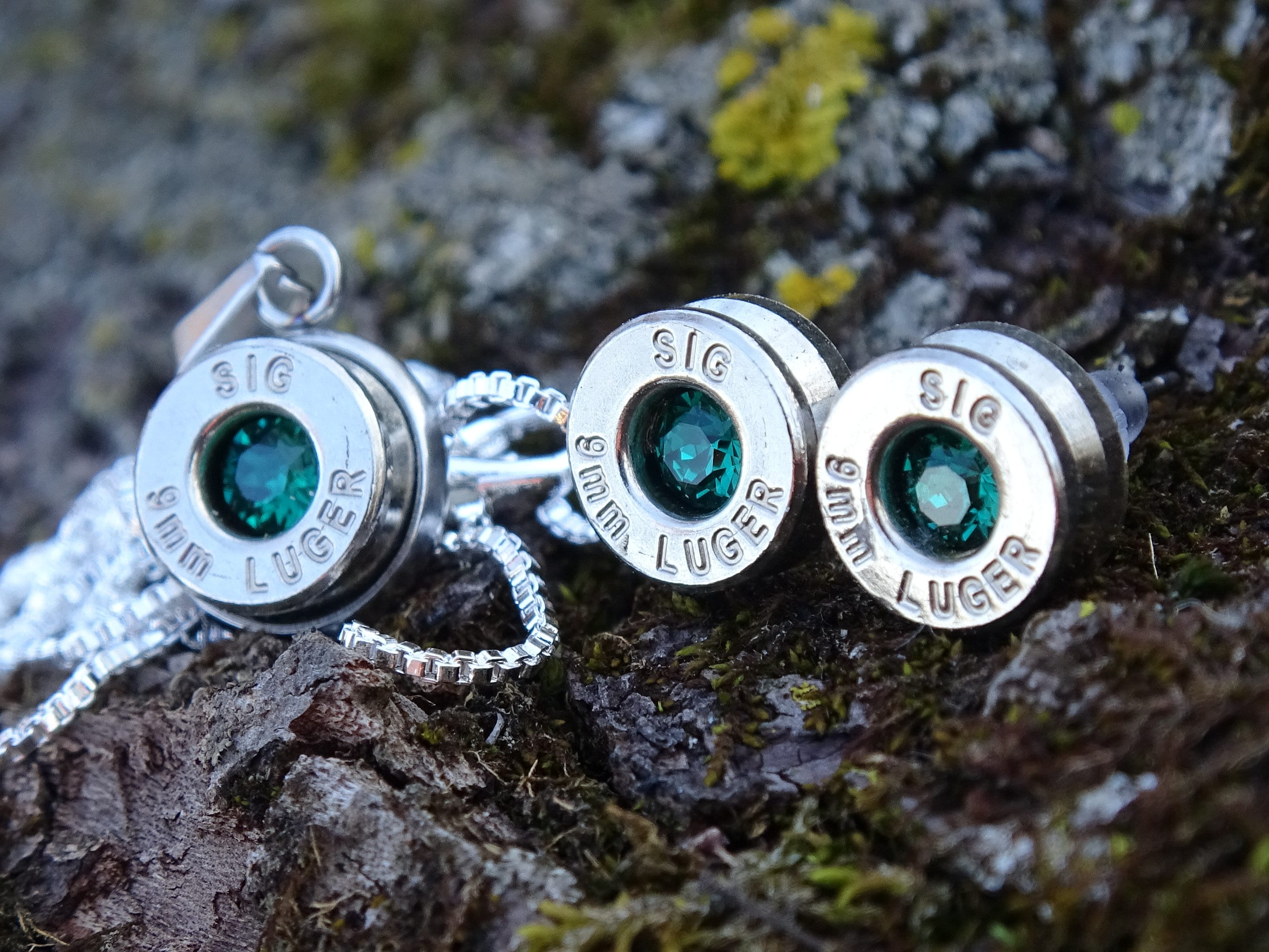 Bullet Necklace pendant & earring set 9mm emerald (etsy image id: 4850589602)