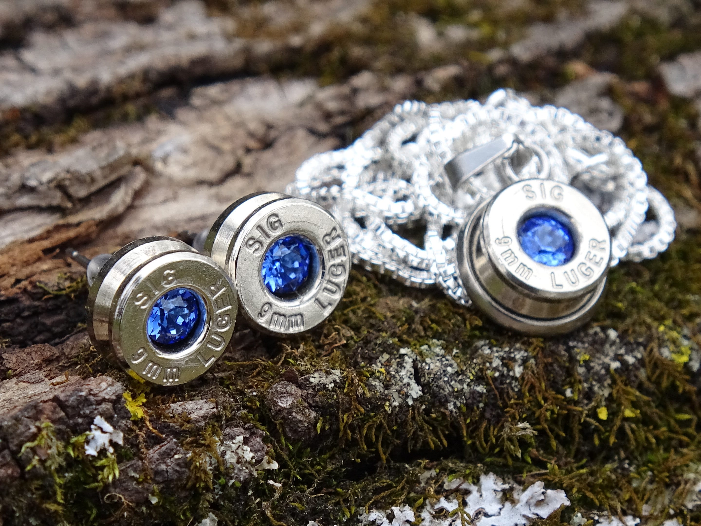 Bullet Necklace pendant & earring set 9mm sapphire (etsy image id: 4850900006)