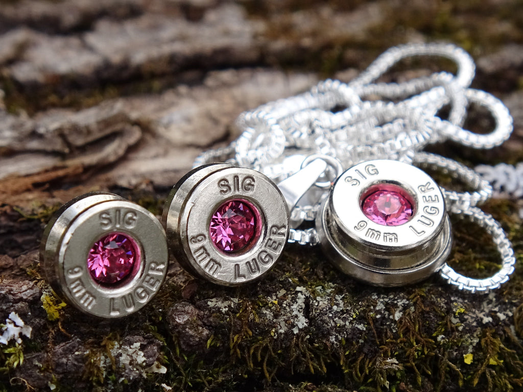 Bullet Necklace pendant & earring set 9mm pink tourmaline (etsy image id: 4899176595)