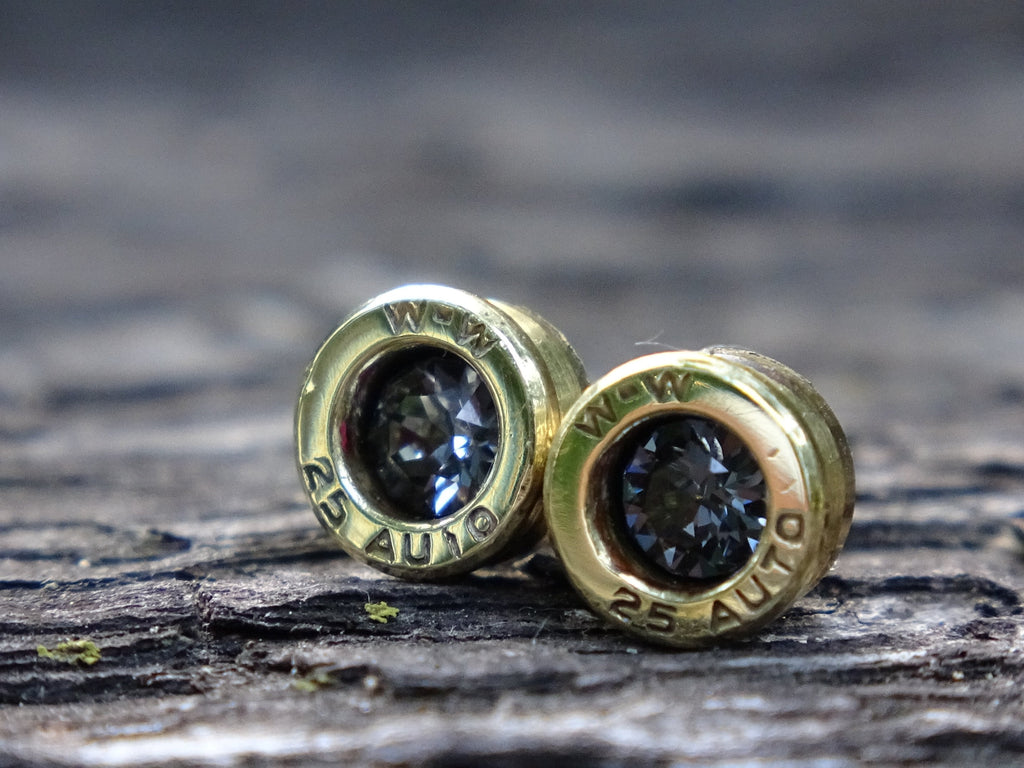 Bullet earrings 25 ACP "Silver night crystal" polished brass (etsy image id: 5019587205)