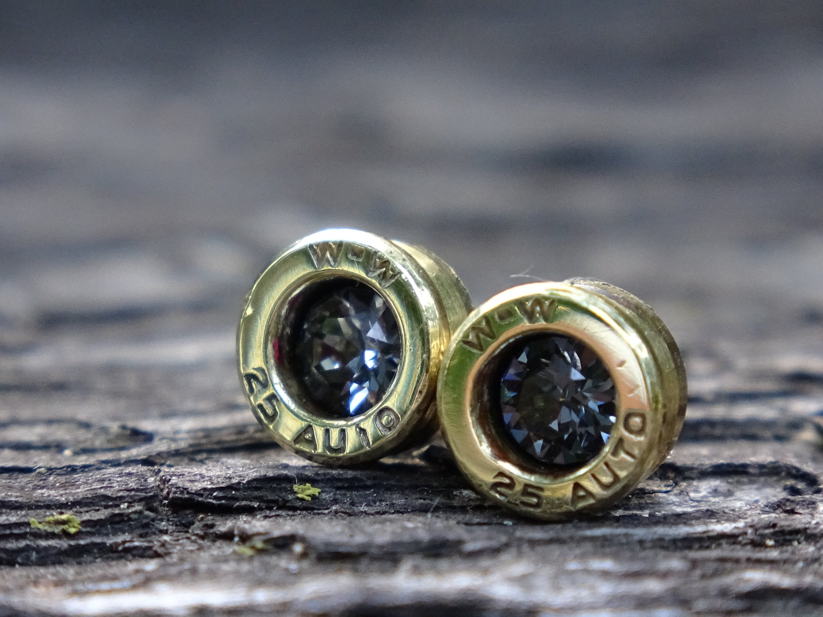 Bullet earrings 25 ACP "Silver night crystal" polished brass (etsy image id: 5019587205)