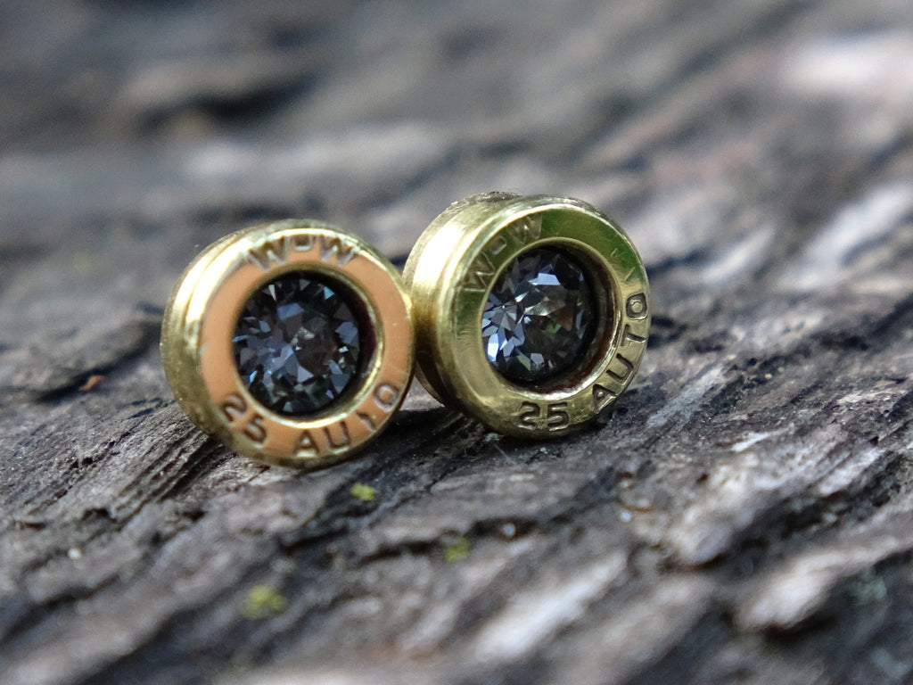 Bullet earrings 25 ACP "Silver night crystal" polished brass (etsy image id: 5019587371)
