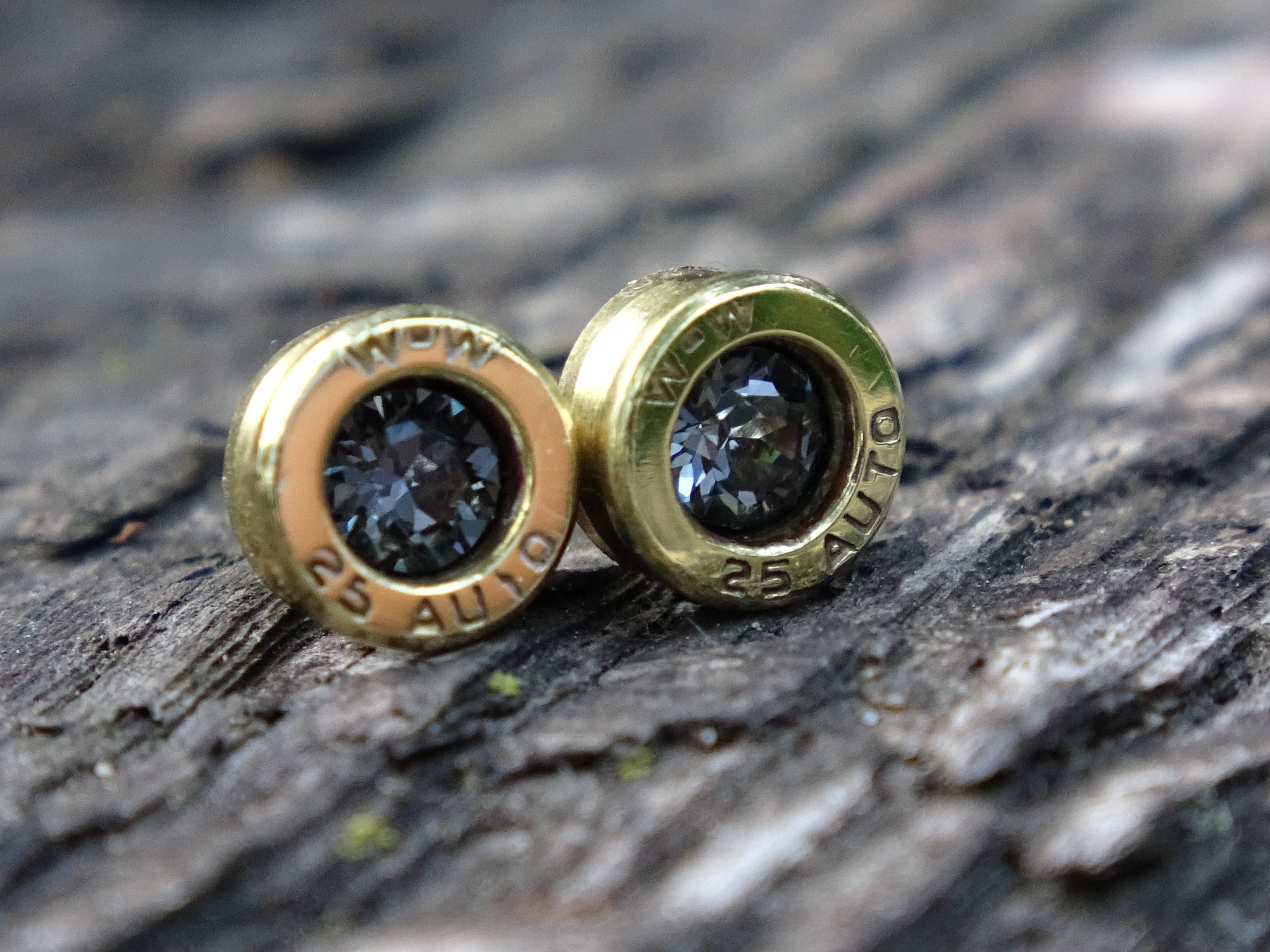 Bullet earrings 25 ACP "Silver night crystal" polished brass (etsy image id: 5019587371)