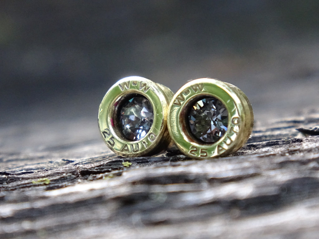 Bullet earrings 25 ACP "Silver night crystal" polished brass (etsy image id: 5019587573)