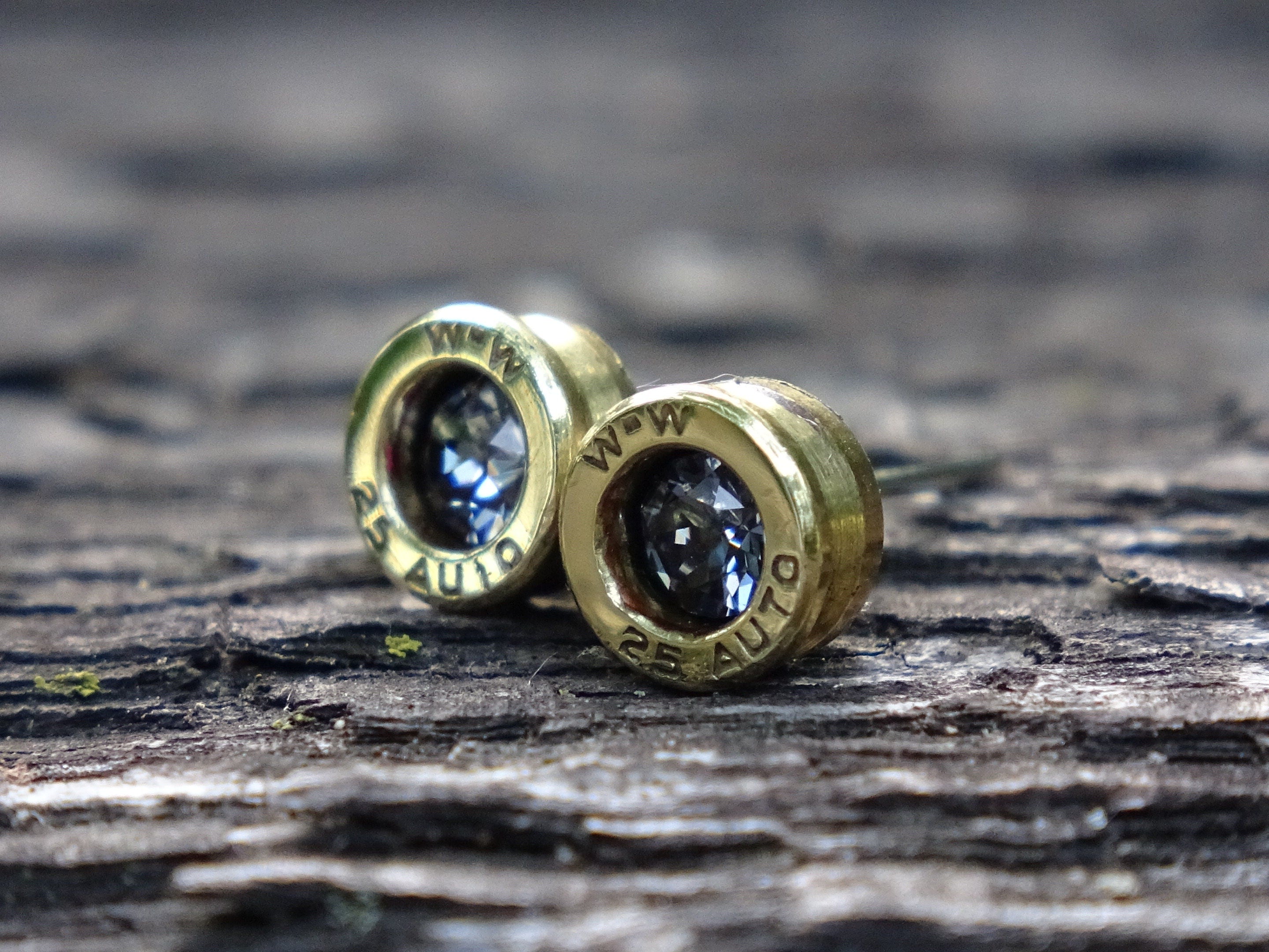Bullet earrings 25 ACP "Silver night crystal" polished brass (etsy image id: 5019587785)