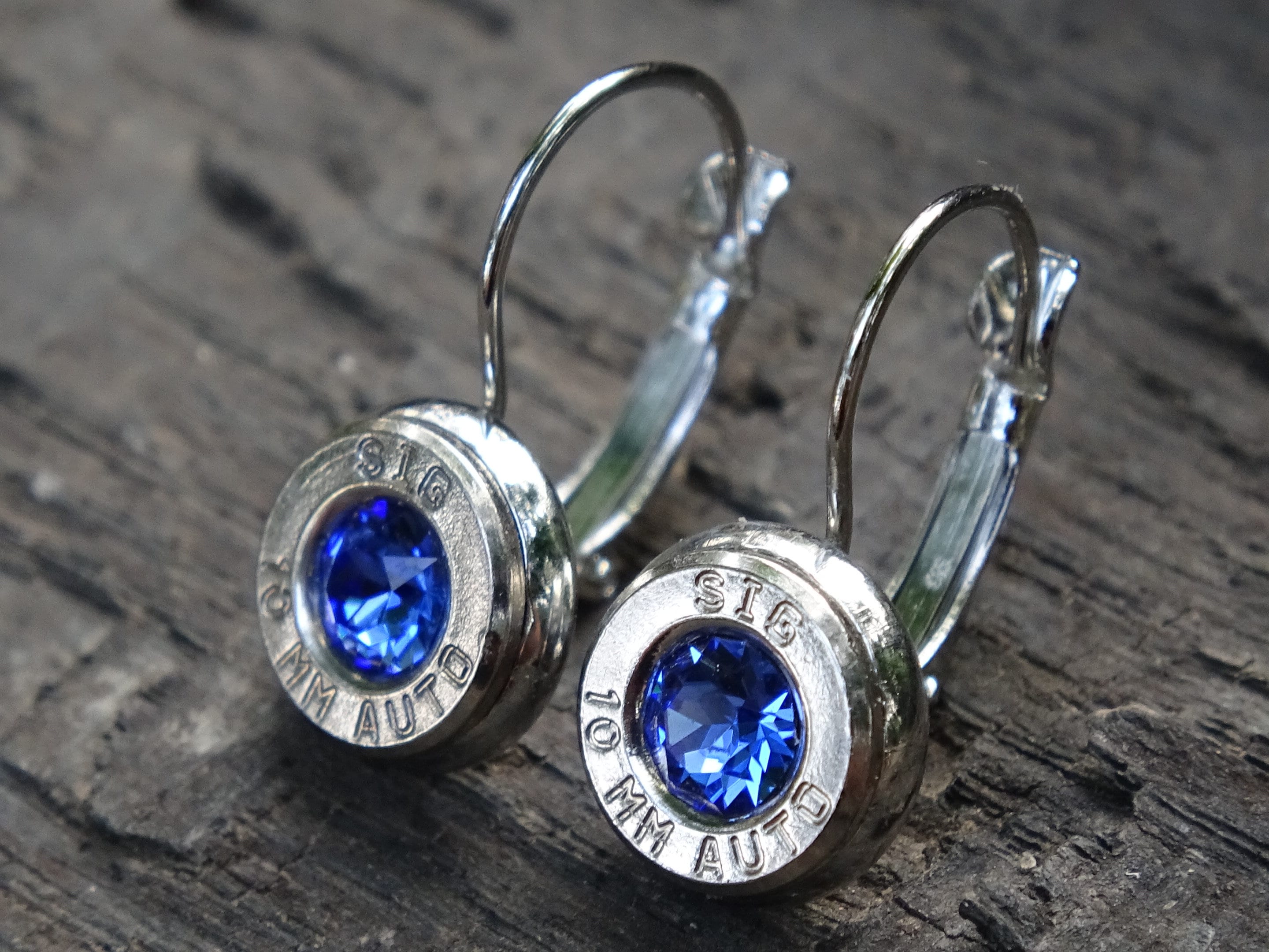 Lever back bullet earrings 10mm auto Sapphire (etsy image id: 5154050885)