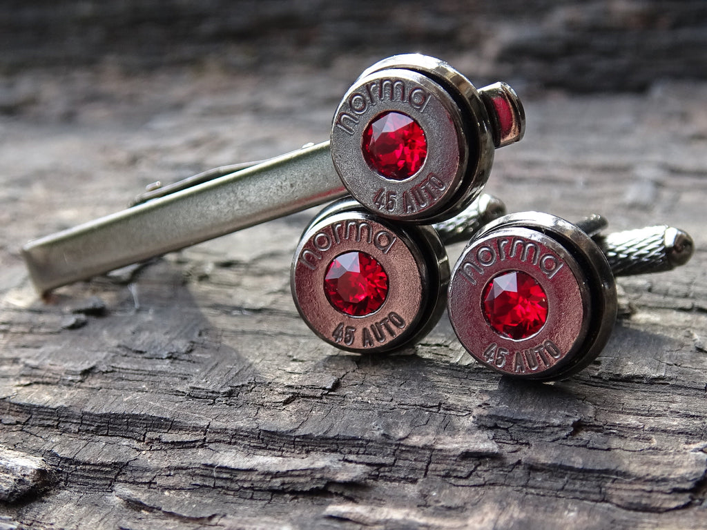 Bullet cufflinks & tie clip set gun metal garnet (etsy image id: 5815510662)