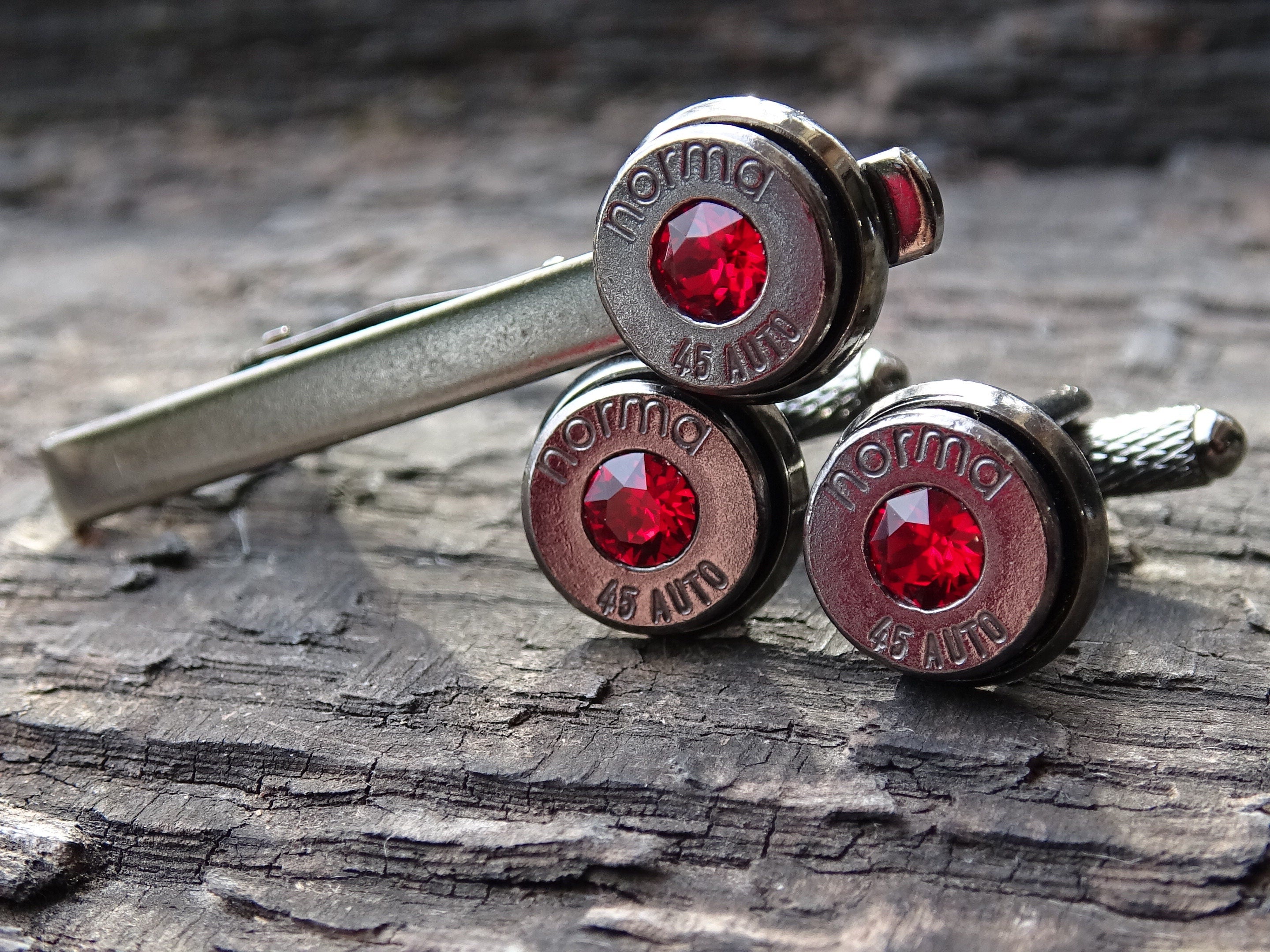 Bullet cufflinks & tie clip set gun metal garnet (etsy image id: 5815510662)
