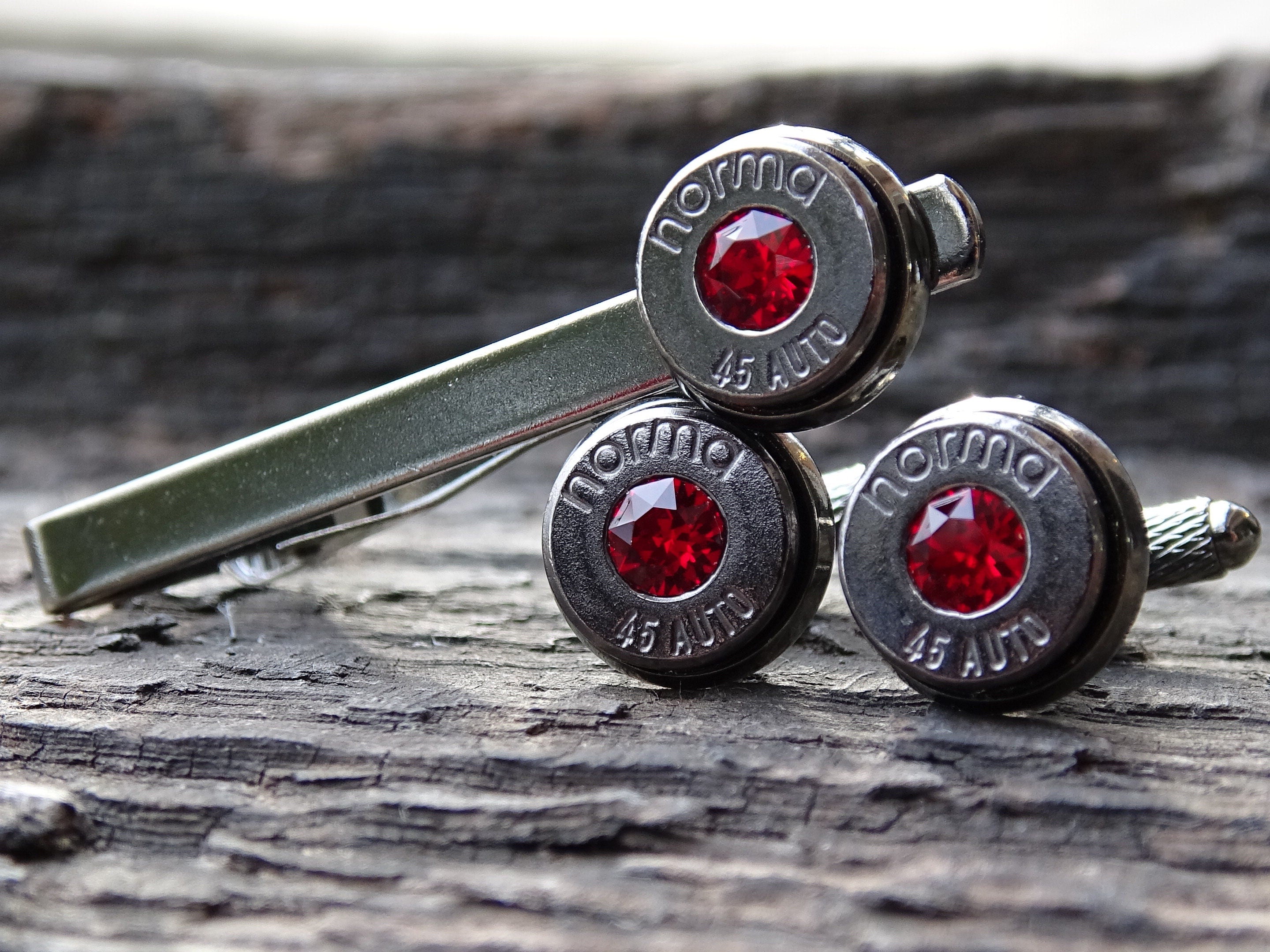 Bullet cufflinks & tie clip set gun metal garnet (etsy image id: 5815511524)