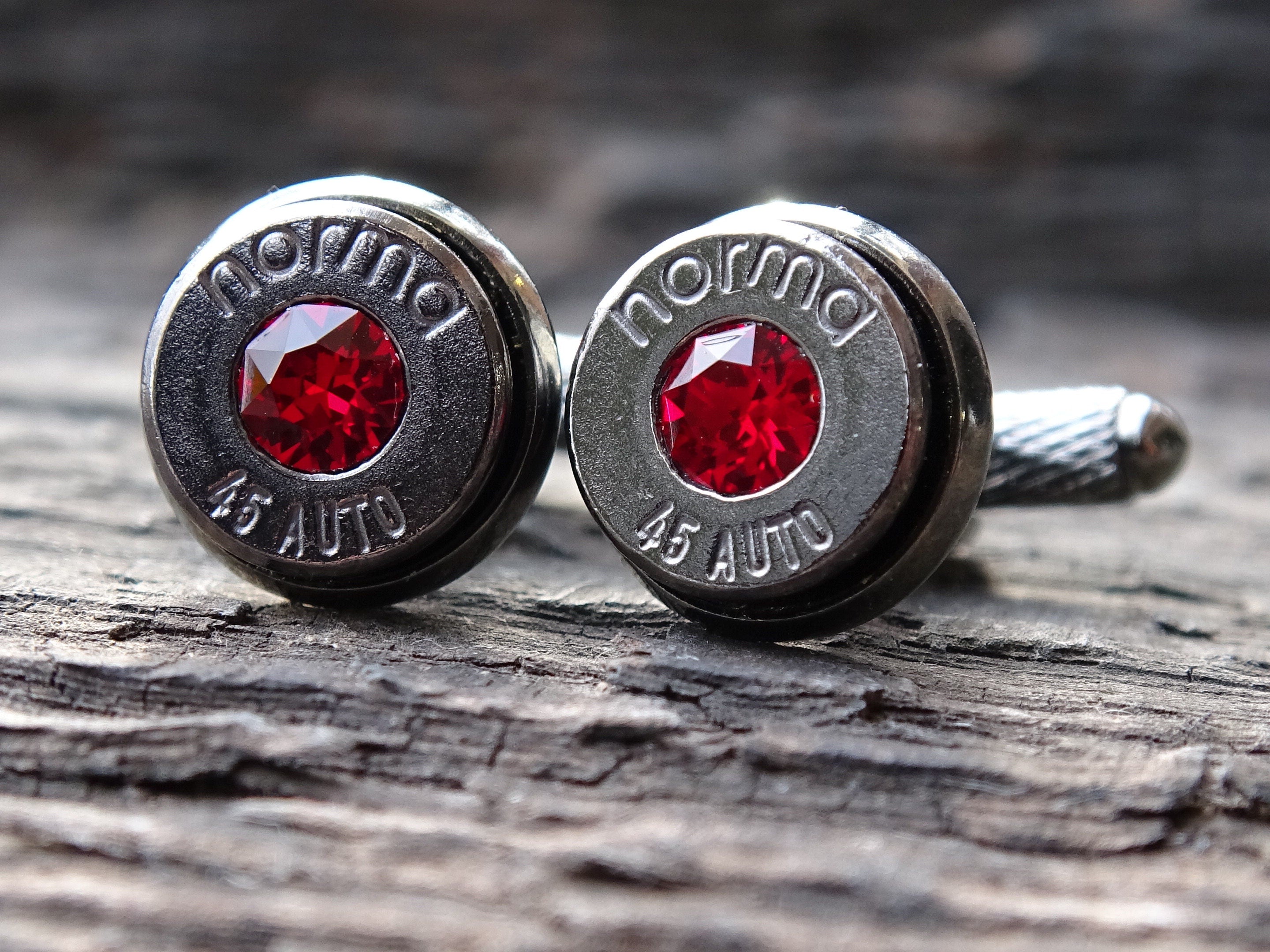 Bullet cufflinks & tie clip set gun metal garnet (etsy image id: 5815511672)
