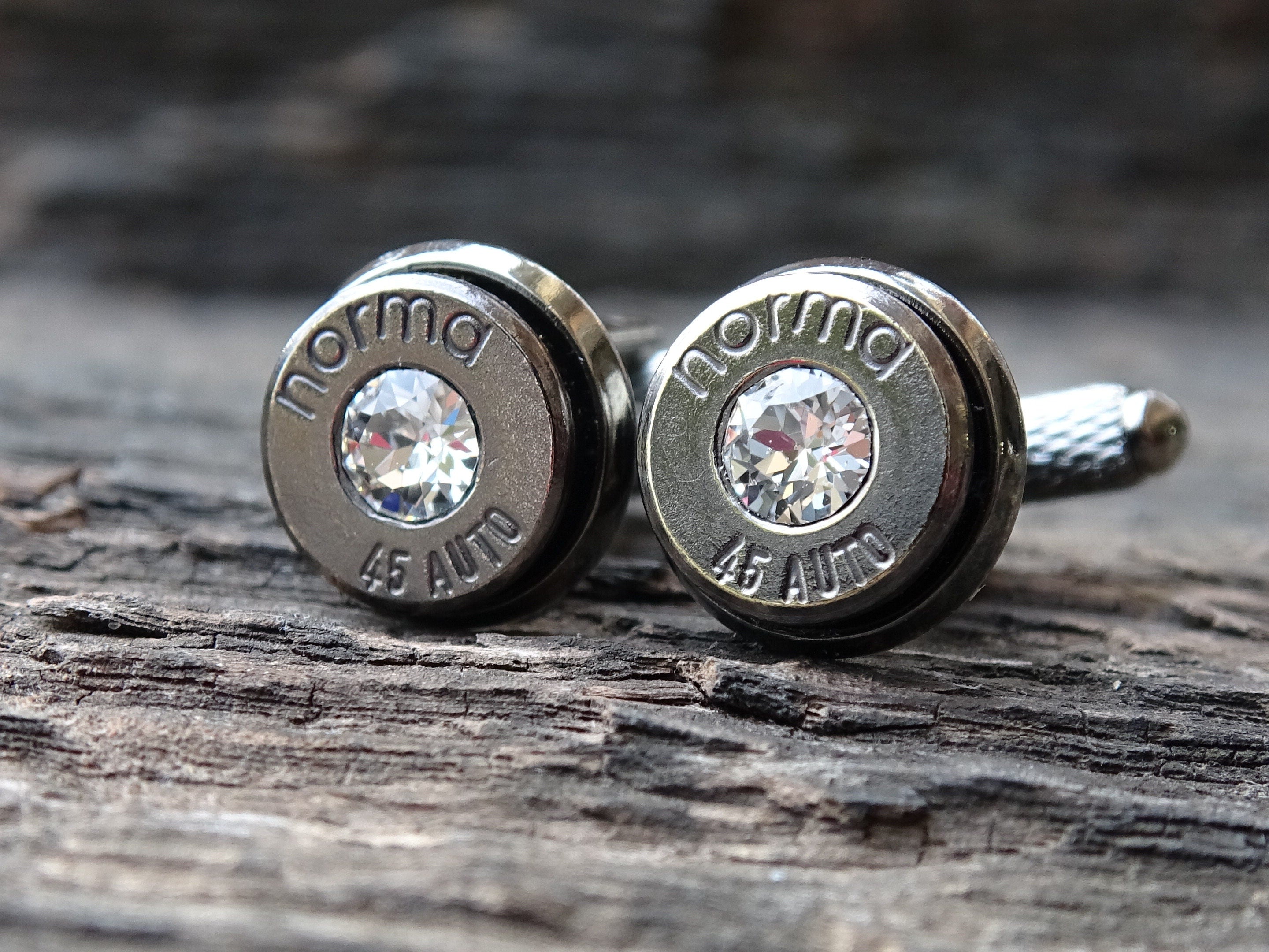 Bullet cufflinks .45 ACP gun metal cz clear (etsy image id: 5815552440)