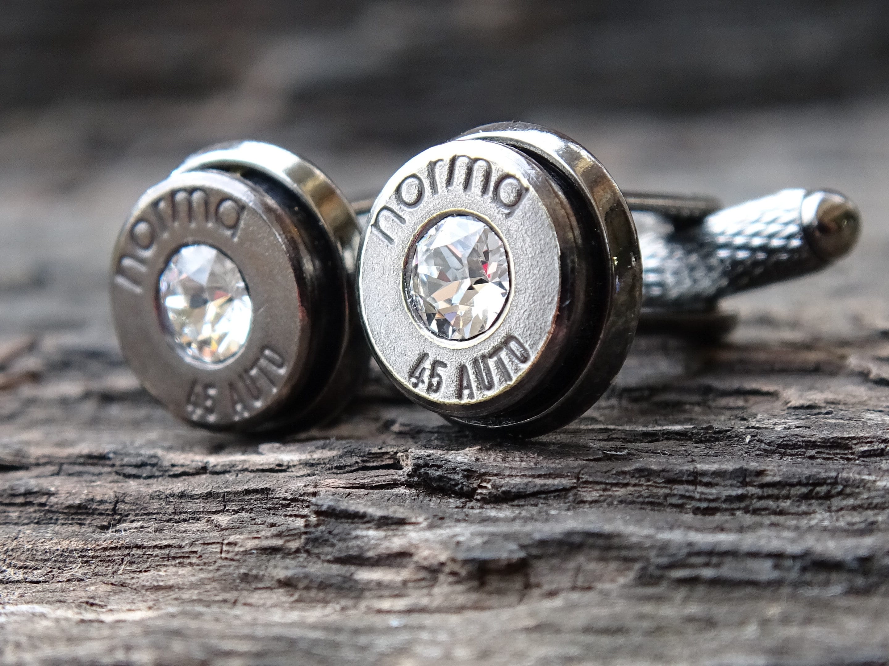 Bullet cufflinks .45 ACP gun metal cz clear (etsy image id: 5815552546)