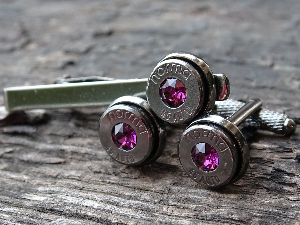 Bullet cufflinks & tie clip set gun metal amethyst (etsy image id: 5815567554)
