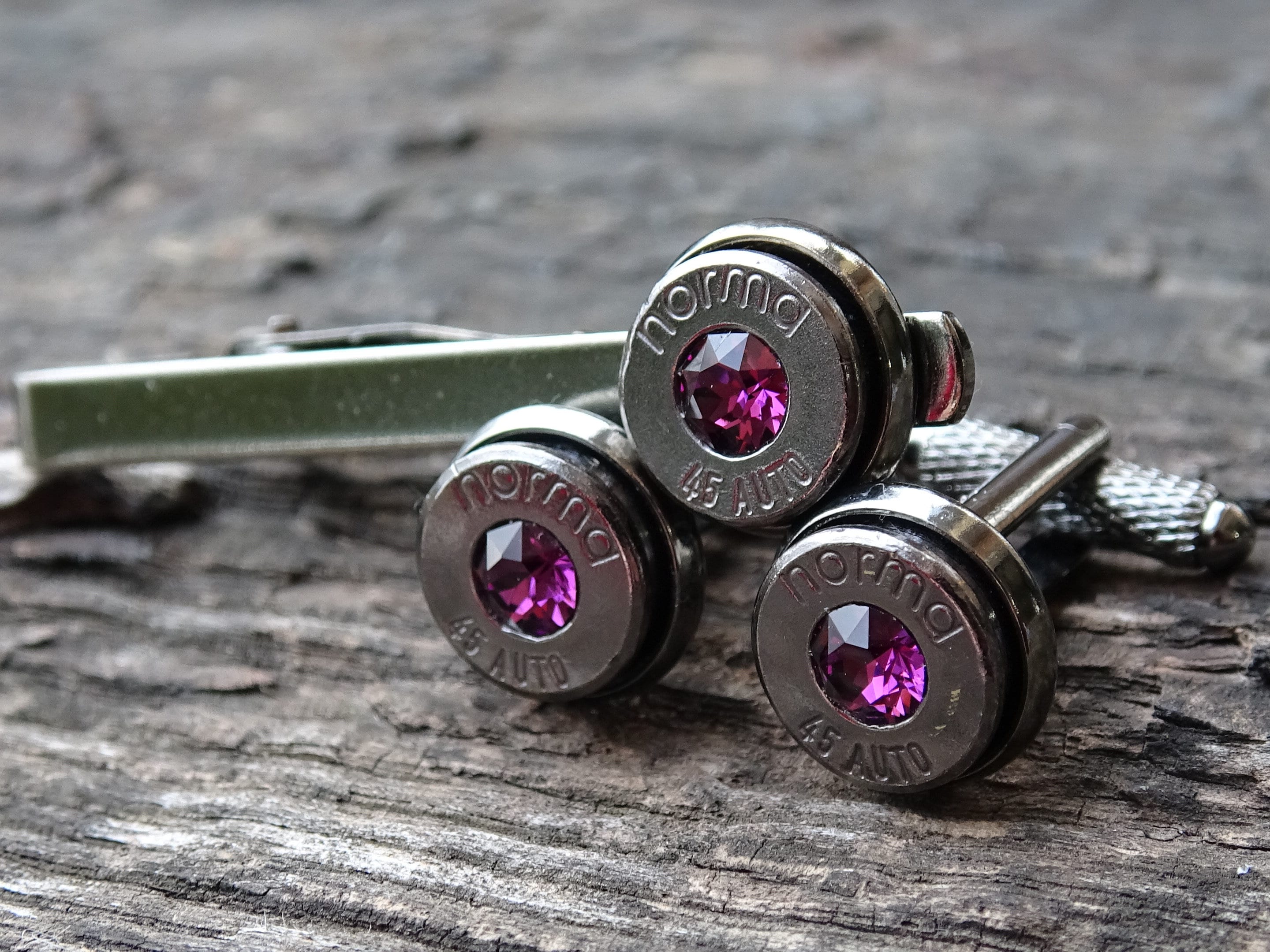 Bullet cufflinks & tie clip set gun metal amethyst (etsy image id: 5815567554)